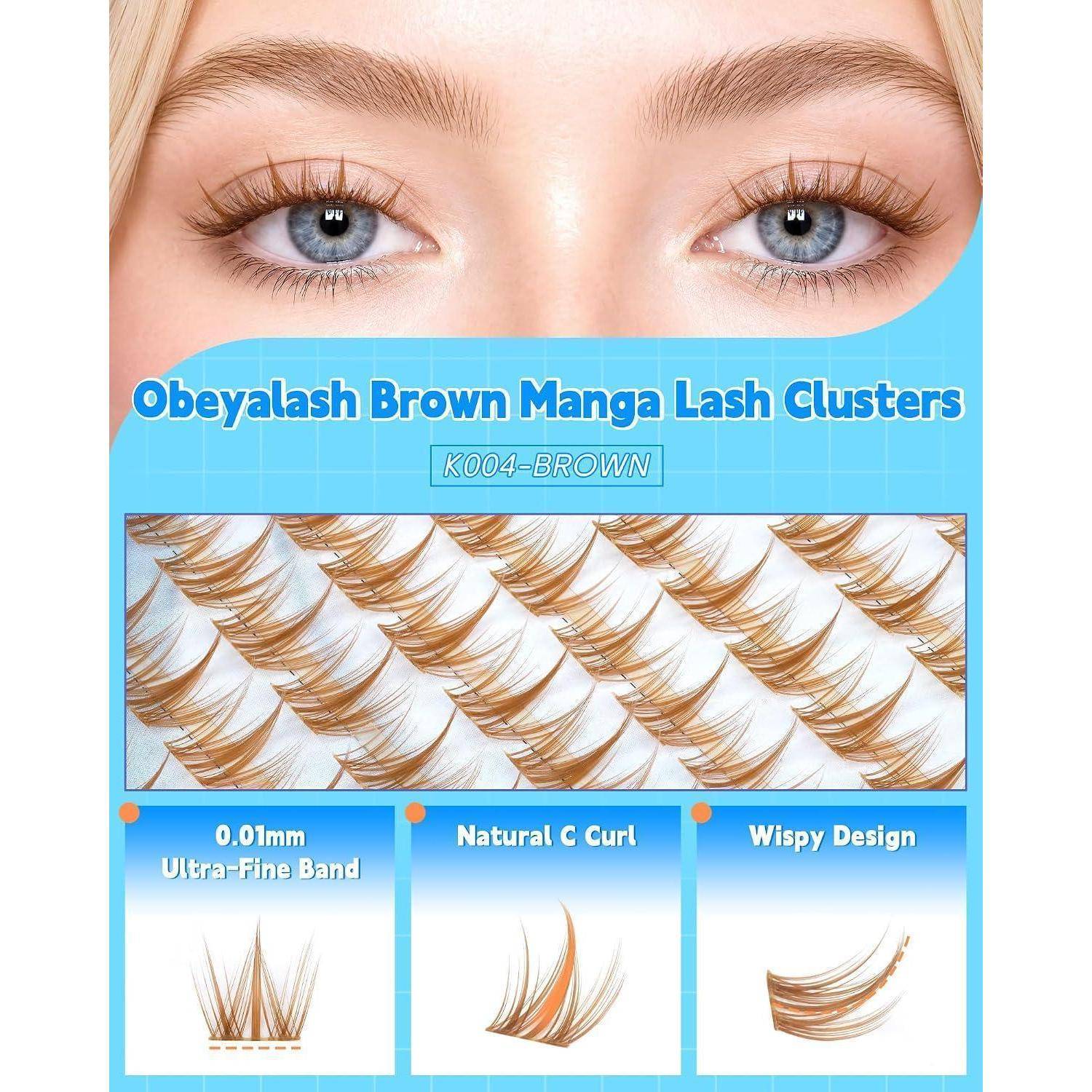 Verpackung für ObeyLash Brown Manga Lash Clusters, K004-Brown, mit blauäugigem Model, Wimperncluster-Muster und Eigenschaften: 0,01mm ultrafeines Band, natürliche C-Krümmung, wisperndes Design.