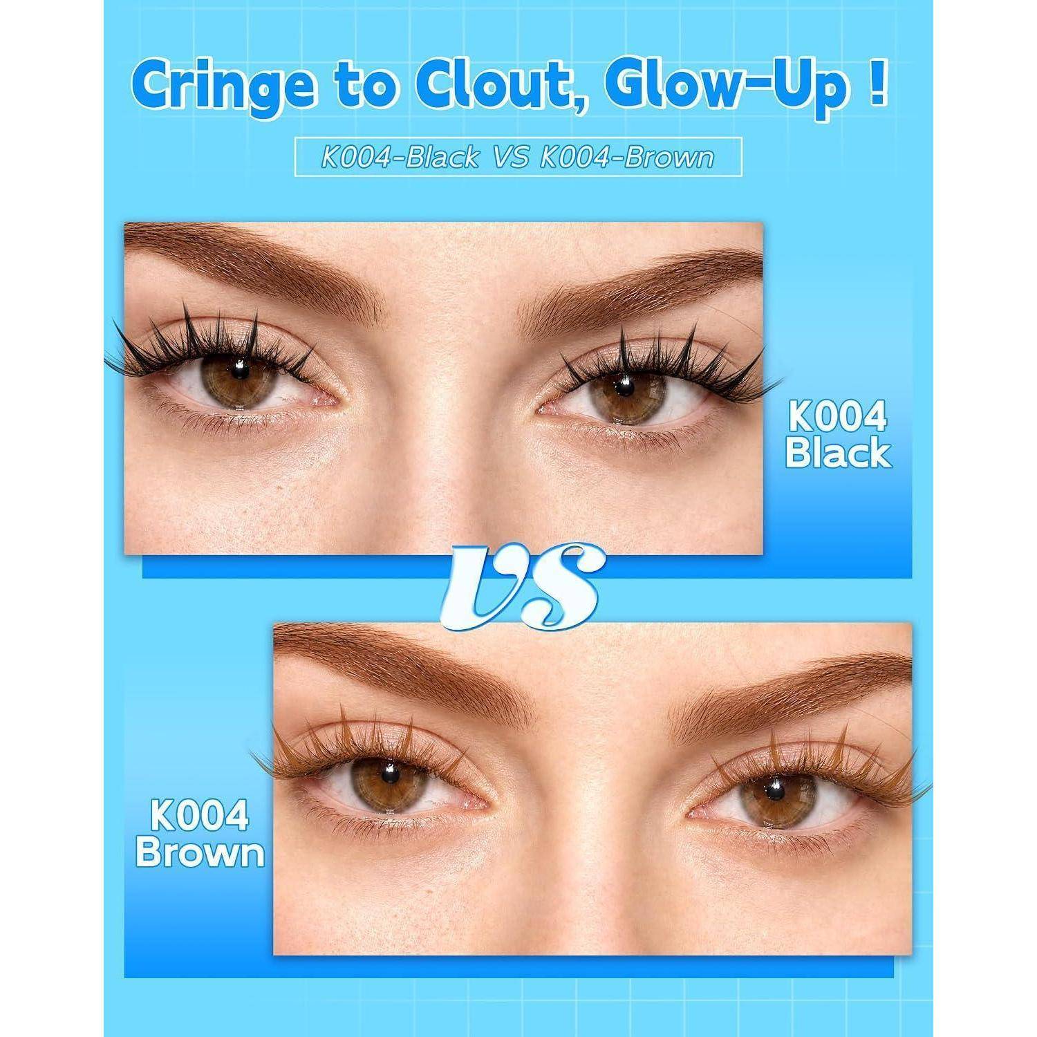 Werbe-Vergleichsgrafik mit zwei Nahaufnahmen von Augen: K004 Schwarz mit dunklerer Eyeliner-Effekt versus K004 Braun mit weicherem braunem Eyeliner, mit dem Titel „Cringe to Clout, Glow-Up!