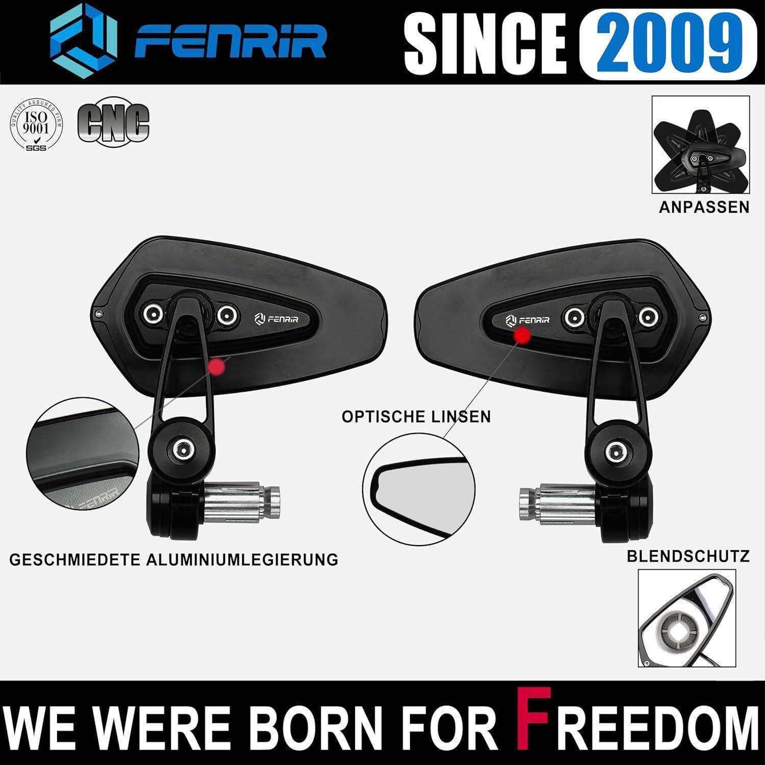 Werbebild von Fenrir-Motorradspiegeln mit deutschen Beschriftungen, die geschmiedetes Aluminium, optische Linsen, Blendschutz und verstellbares Design hervorheben; der Text lautet „SEIT 2009