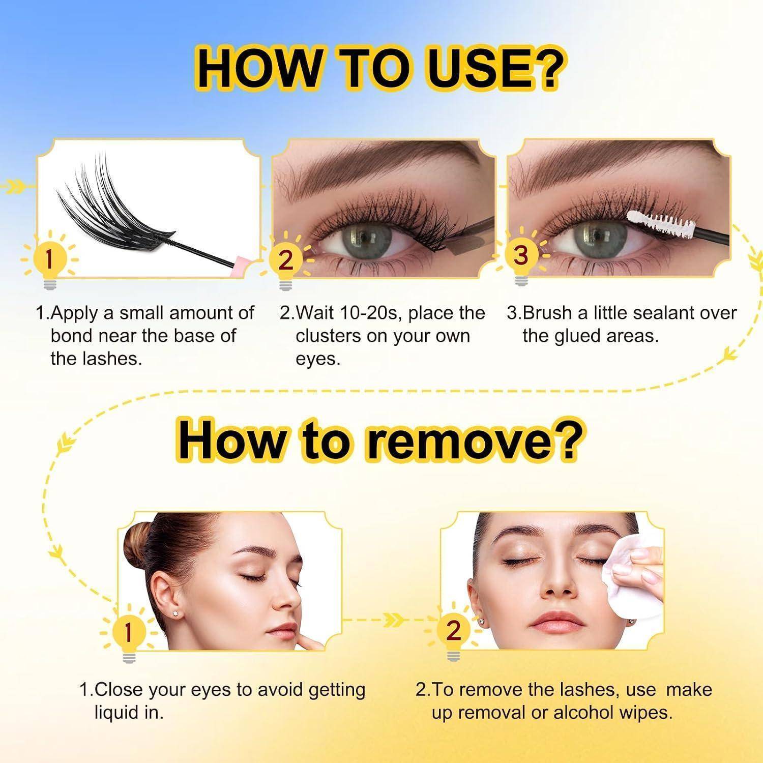 Anleitung zur Anwendung und Entfernung von künstlichen Wimpern: Kleber auftragen, Wimpernbüschel platzieren, Versiegelung aufbürsten, dann mit Make-up-Entferner oder Alkoholtüchern entfernen.