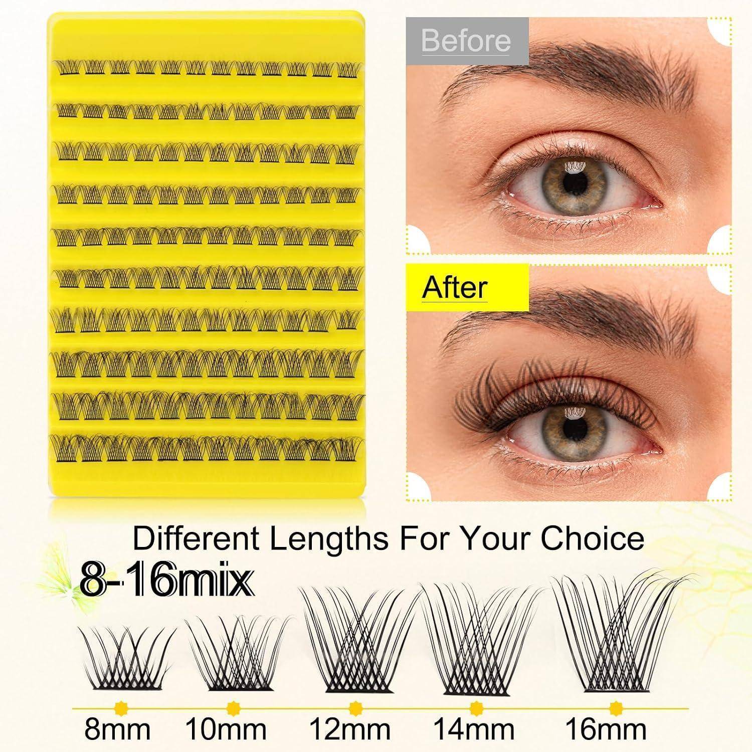 Wimpernverlängerungstablett mit mehreren Wimpernlängen sowie Vorher-und-Nachher-Fotos der Augen, die vollere Wimpern zeigen; Text besagt „Verschiedene Längen für Ihre Wahl