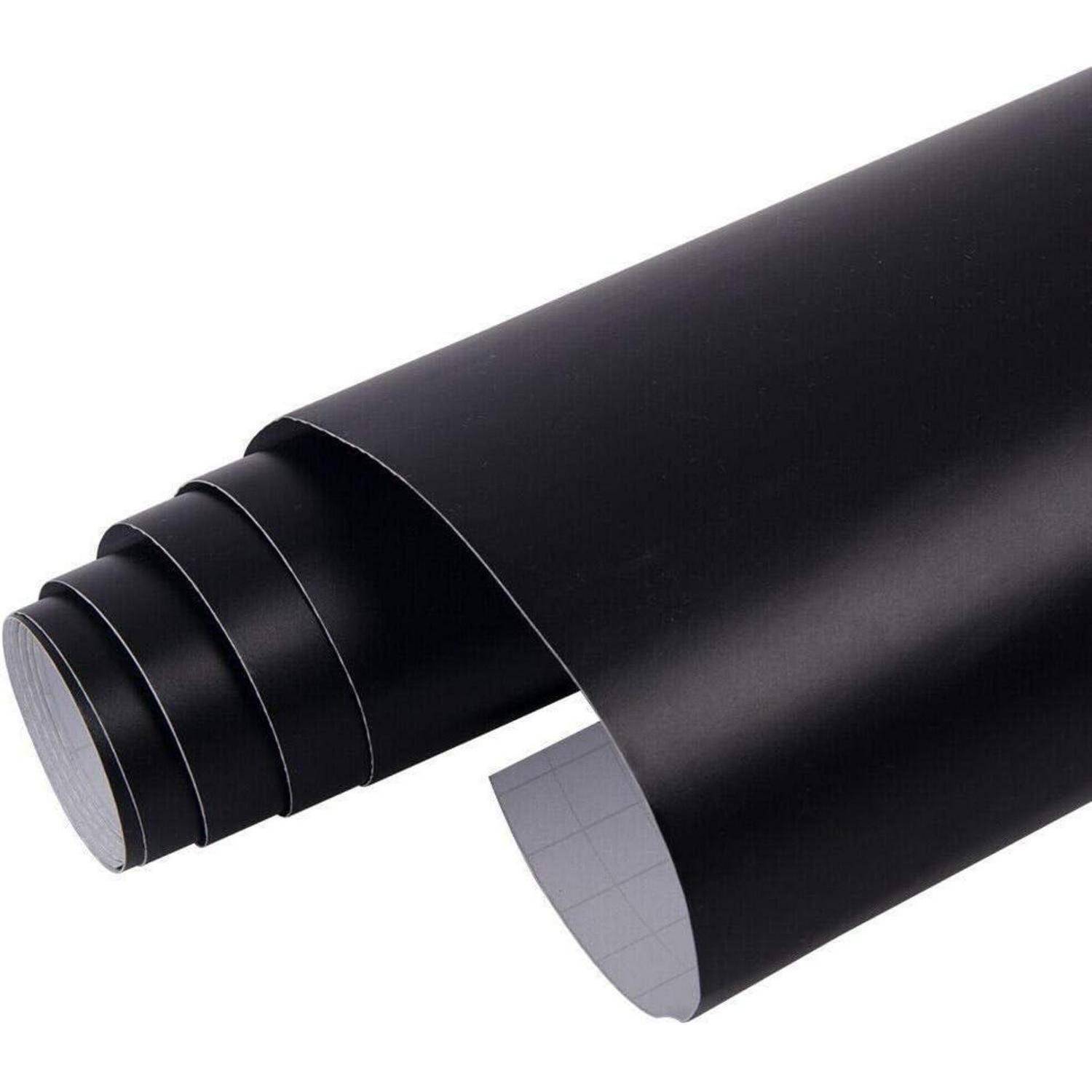 Schwarze Klebevinylrolle mit grauer Rückseite, teilweise auf weißem Hintergrund abgerollt.