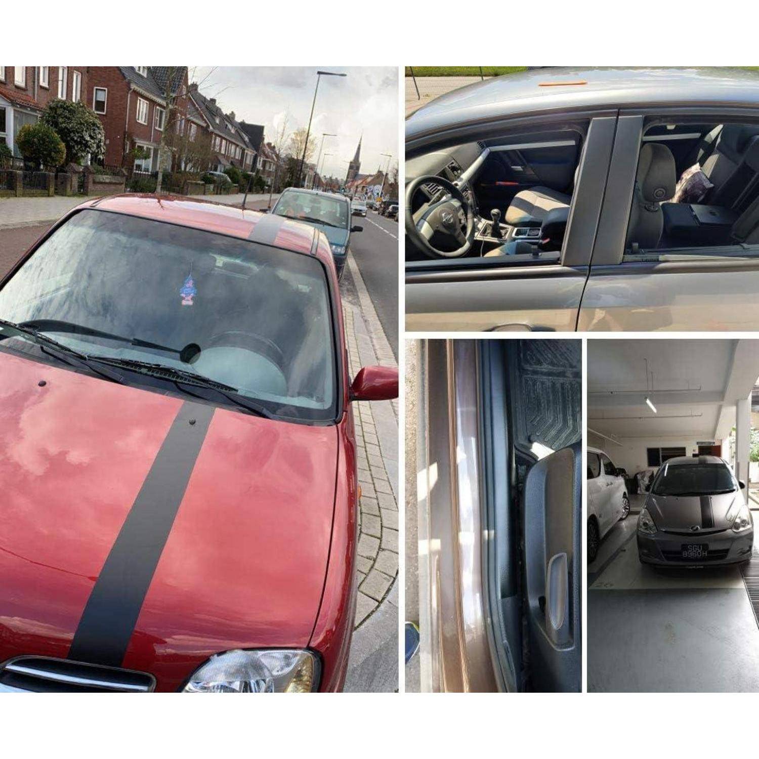 Collage eines roten Autos auf einer Straße, mit Nahaufnahmen des Innenraums und der Türklinke, plus eines grau geparkten Autos in einer Garage.