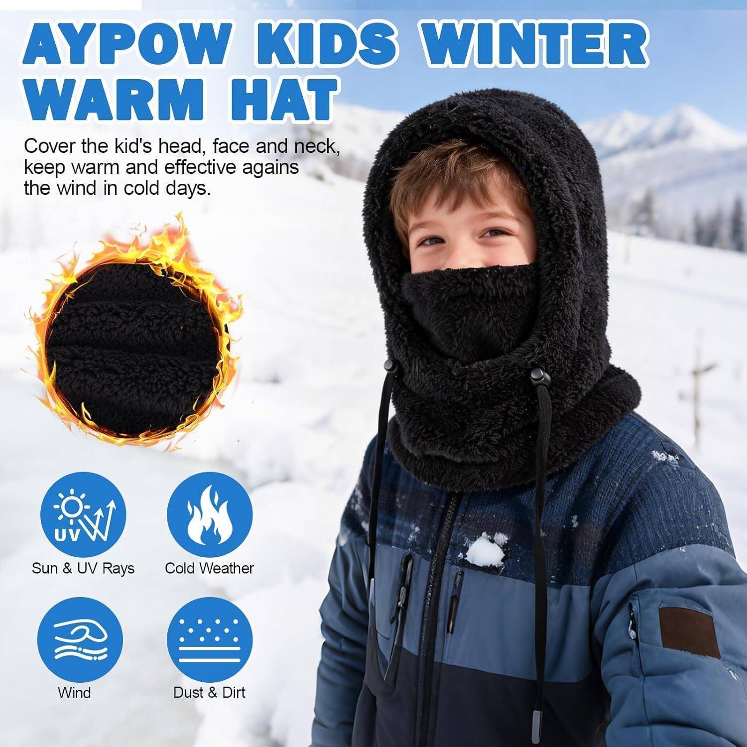Anzeige für „AYPOW KIDS WINTER WARM HAT" mit einem Kind in einer schwarzen Skimaske im verschneiten Wetter; der Text besagt, dass sie Kopf, Gesicht und Nacken vor Wind, Kälte, Sonne und Staub schützt.