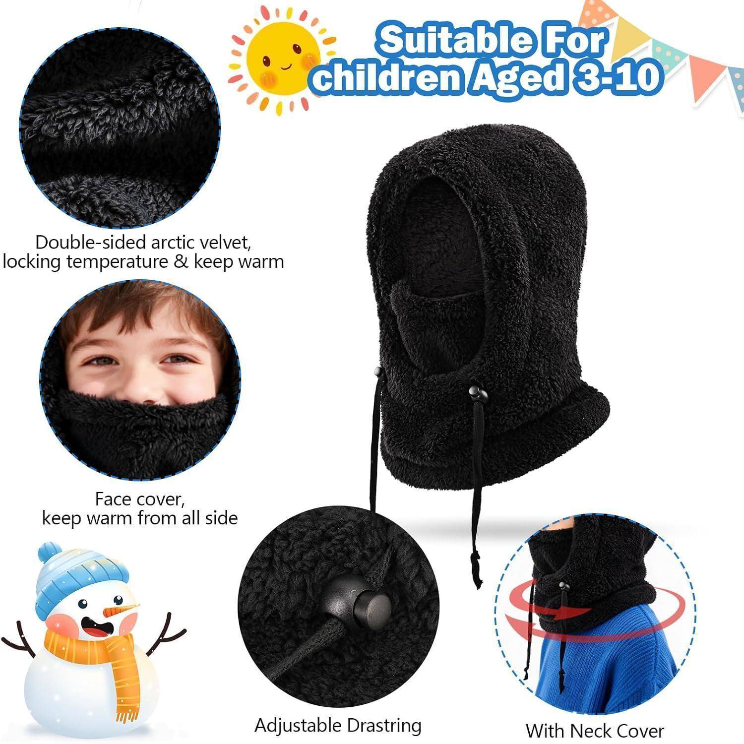 Produktbild einer schwarzen flauschigen Winter-Sturmhaube für Kinder im Alter von 3-10 Jahren, mit Nahaufnahmen des Stoffes, der Gesichtsabdeckung, der verstellbaren Kordelzug und der Halsbedeckung.