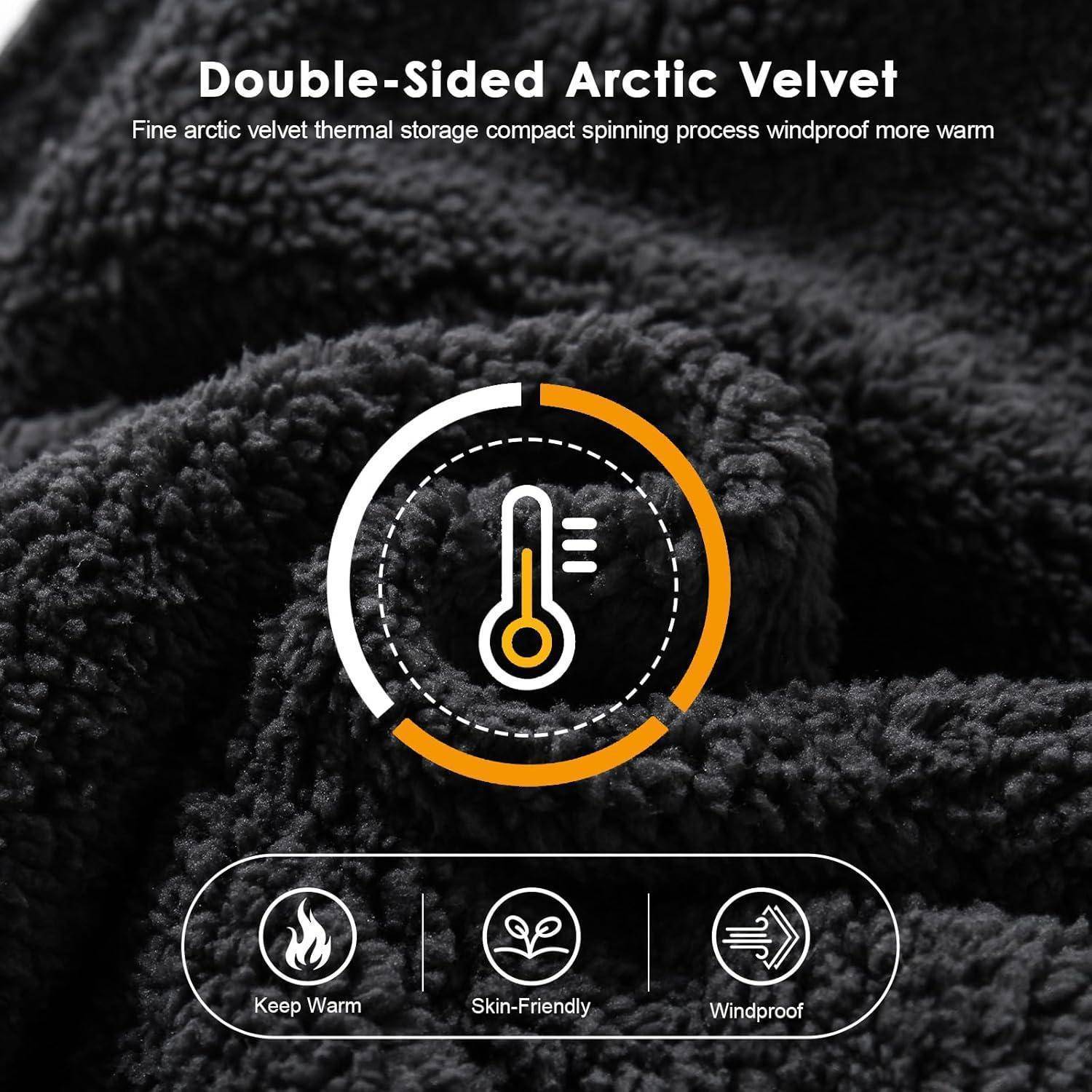 Werbegrafik für „Double-Sided Arctic Velvet" mit schwarzem flauschigem Stoffhintergrund, einem Thermometersymbol und Funktionssymbolen für Wärmeschutz, hautfreundlich und winddicht.