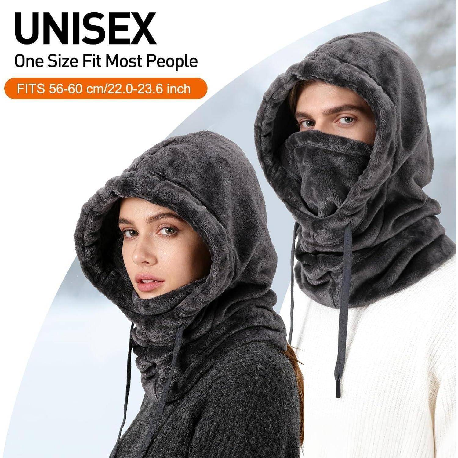 Produktbild einer unisex Gangrößen-Gesichtsmaske mit Kapuze in Dunkelgrau, gezeigt an zwei Modellen; Text lautet „PASST 56-60 cm/22,0-23,6 Zoll".