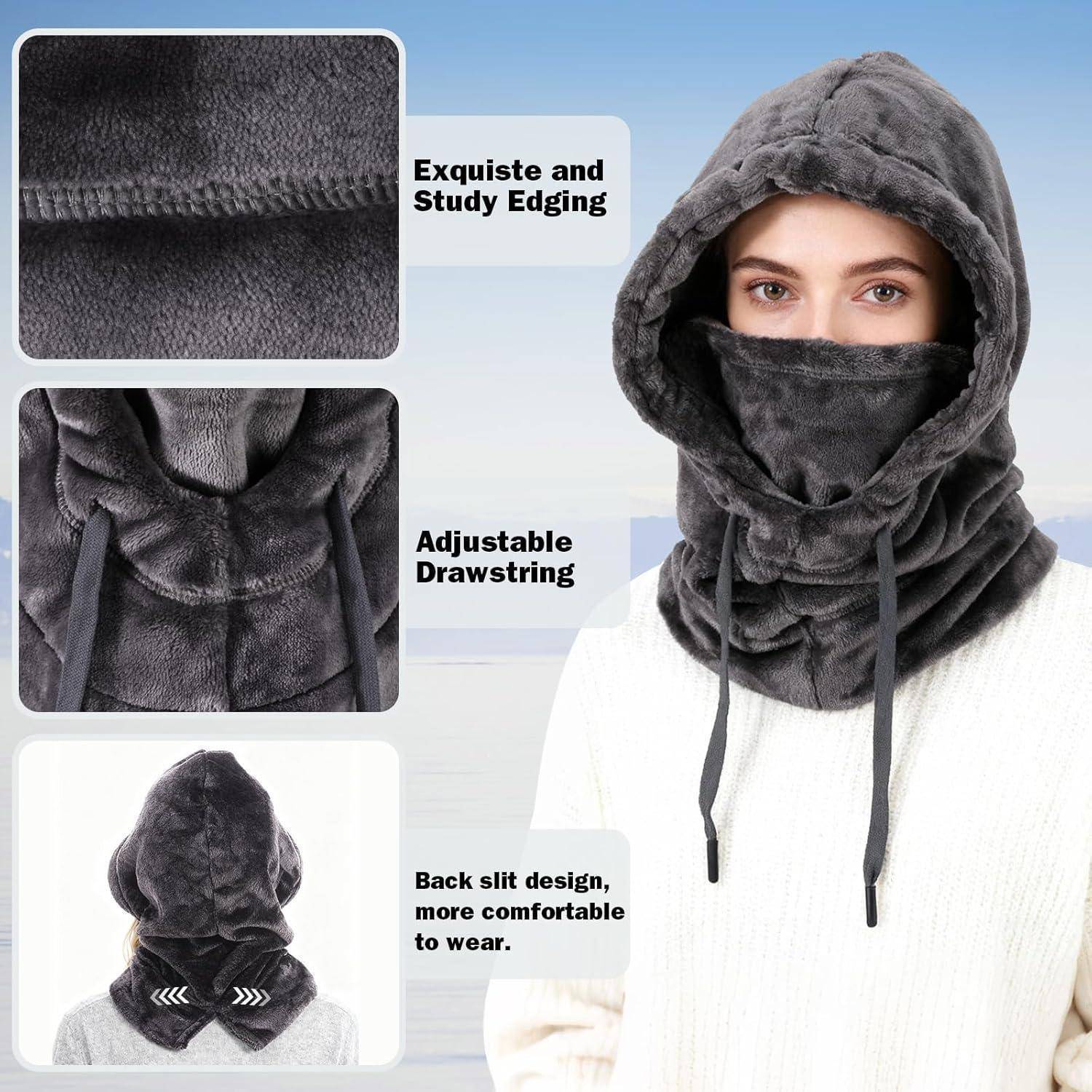 Modell trägt eine dunkelgraue Kapuzen-Gesichtsmaske und Nackenswärmer mit verstellbarer Kordelzug; eingefügte Nahaufnahmen zeigen die Kantenverarbeitung, das Gewebe und das rückseitige Schlitzbordüren-Design.