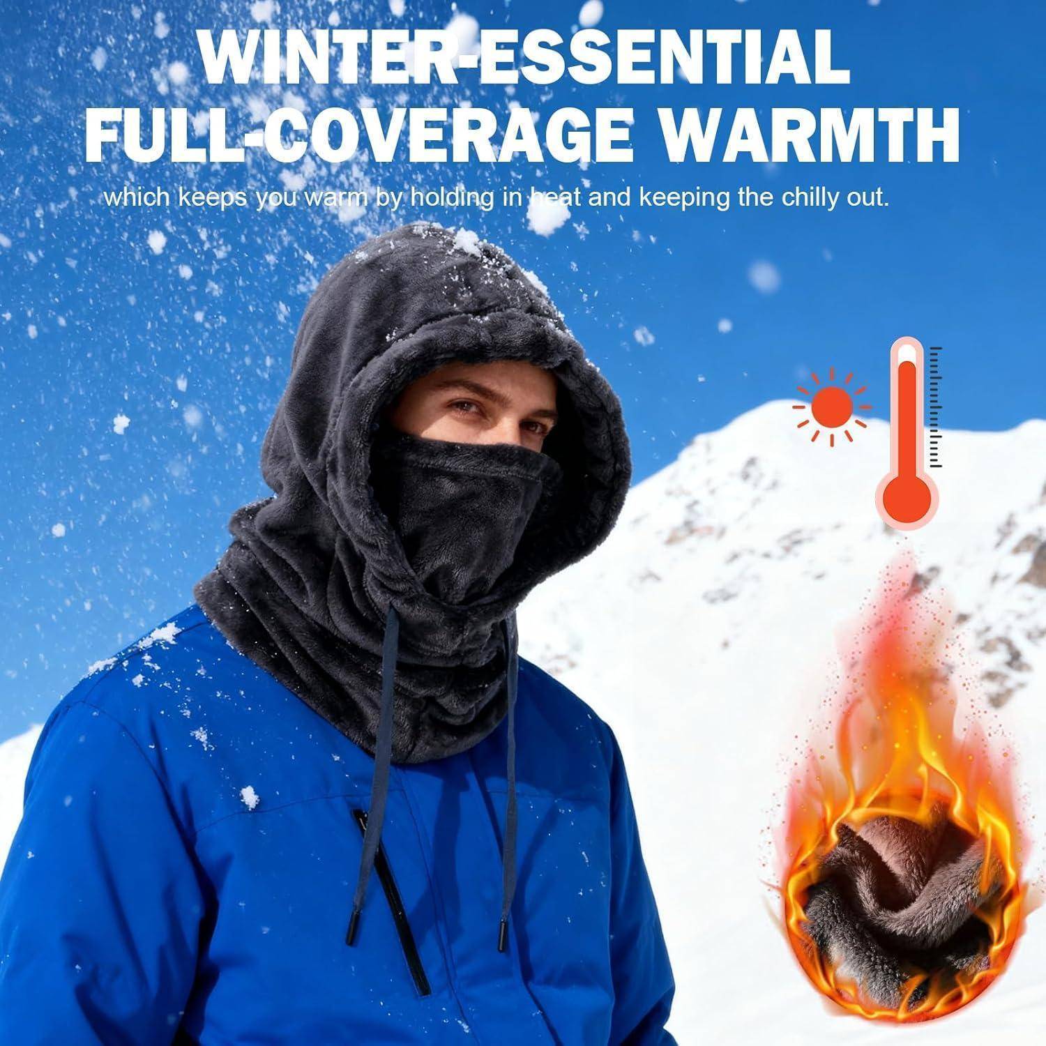 Winteressential Vollschutz-Wärmehaube und Gesichtsmaske für Schutz bei schneeigen, kalten Bedingungen, dargestellt an einem eingewickelten Mann mit Wärme- und Temperatursymbolen.