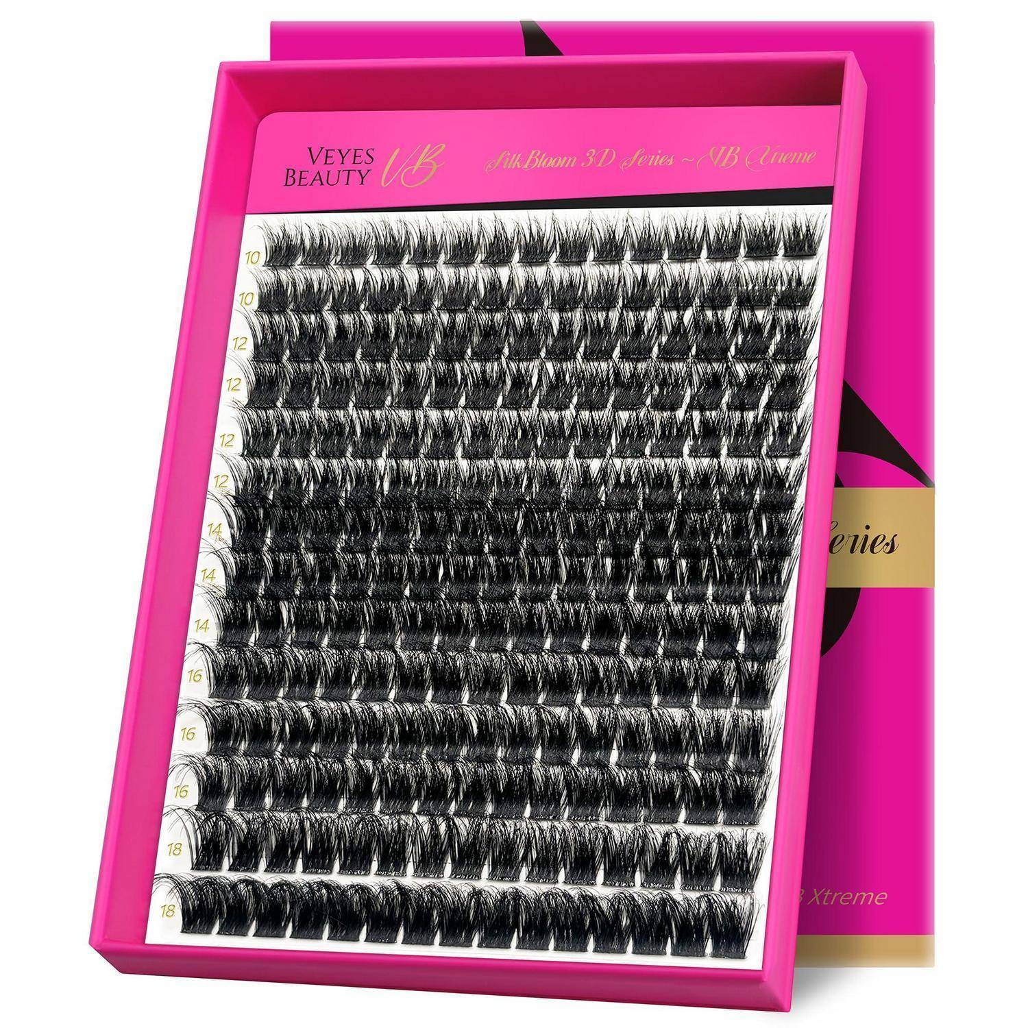 Rosa Box mit Wimpernverlängerungen aus Kunsthaar in Reihen angeordnet, beschriftet nach Länge von 10 bis 18 mm.