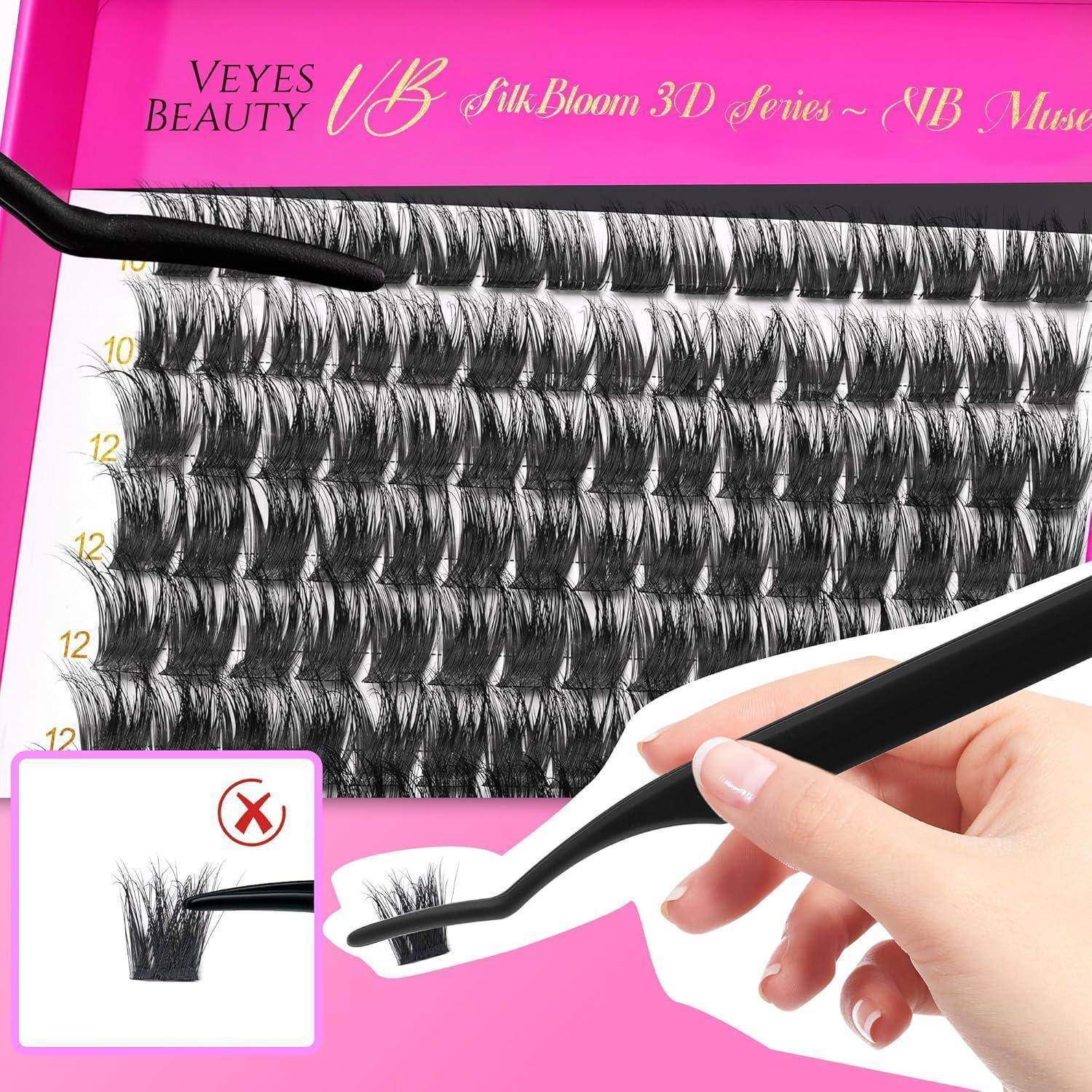 Nahaufnahme eines rosa VEYES BEAUTY Wimpernverlängerungs-Tabletts mit Reihen von künstlichen Wimpern, die nach Länge gekennzeichnet sind, Pinzetten entfernen einen Wimpernstreifen.