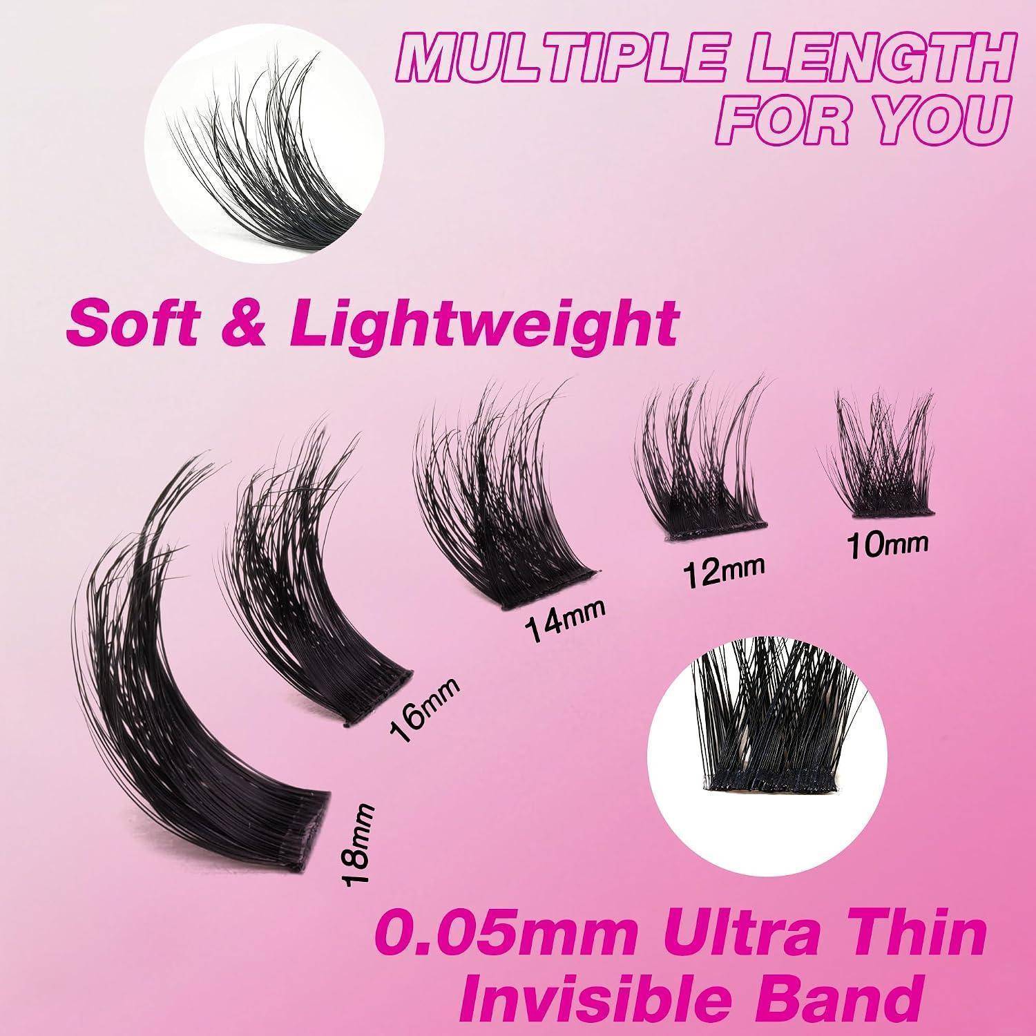 Falsche Wimpern in verschiedenen Längen, gekennzeichnet mit 10 mm, 12 mm, 14 mm, 16 mm und 18 mm, mit dem Text „Soft & Lightweight