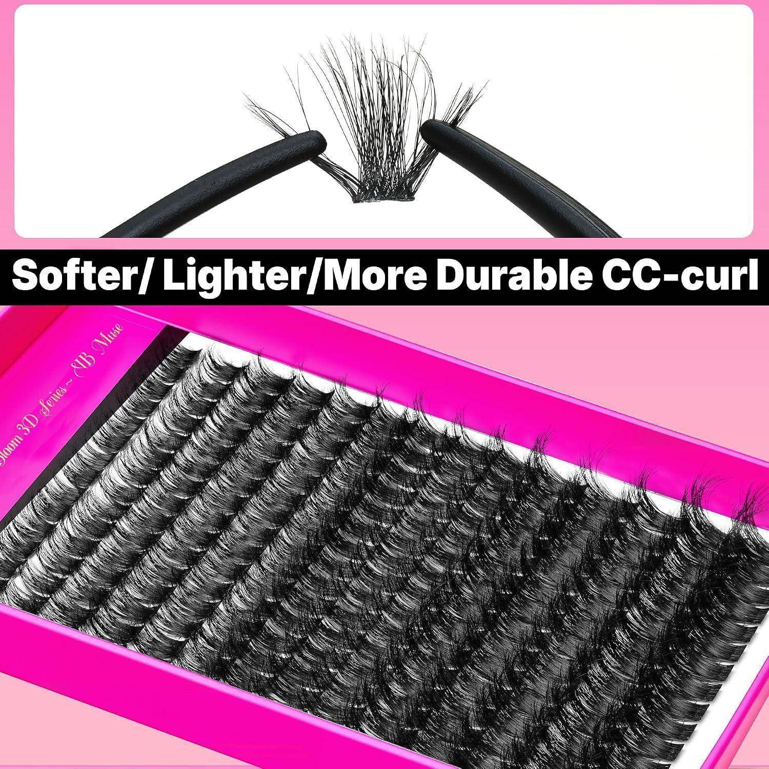 Nahaufnahme von Wimpernverlängerungen mit der Bezeichnung „Softer/Lighter/More Durable CC-curl