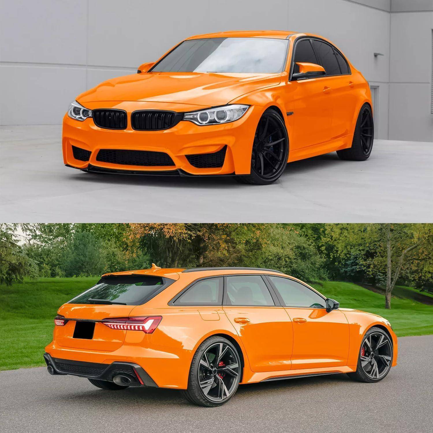 Orangefarbener BMW-Sportsedan in Front- und Heckansicht, hervorgehoben sind sein sportliches Bodykit, schwarze Räder und getönte Fenster.