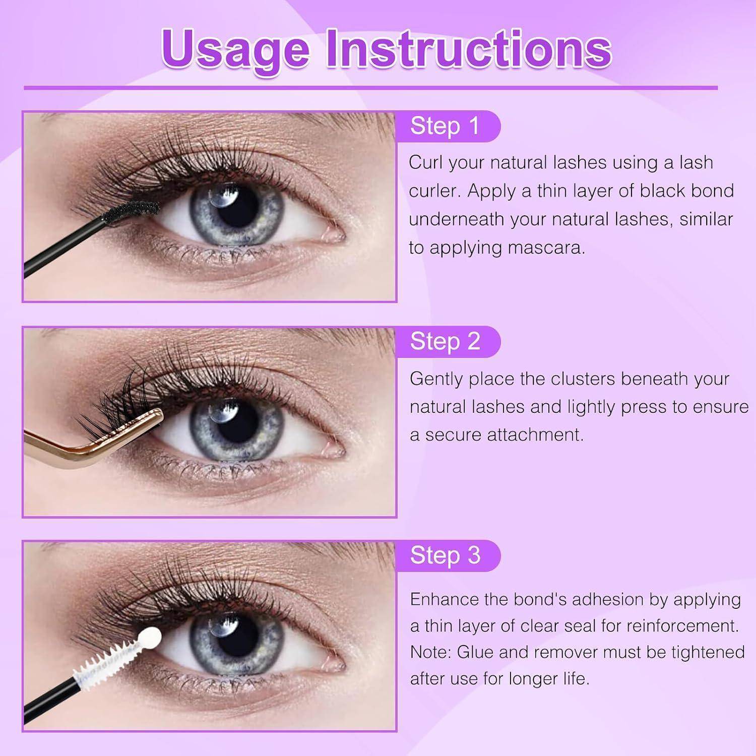 Anwendungsanleitung für Wimpernverlängerungen mit drei Schritten: Wimpern kräuseln und schwarze Haftung auftragen, Cluster unter natürliche Wimpern platzieren, dann klare Versiegelung zur Verstärkung auftragen.