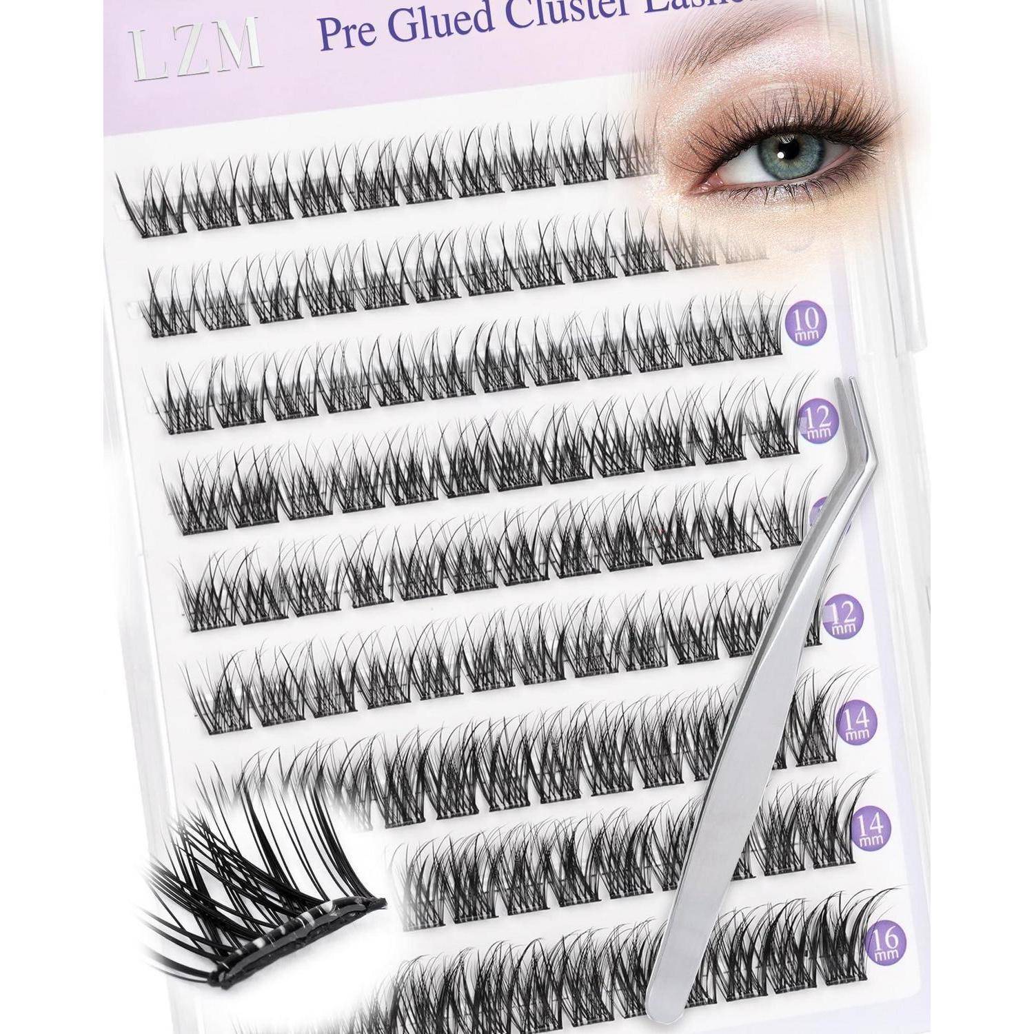 Packung mit vorgeklebten Cluster-Wimpern mit mehreren Wimpernreihen, Pinzette und einer Augengrafik, beschriftet nach Längen 10, 12, 14 und 16 mm.