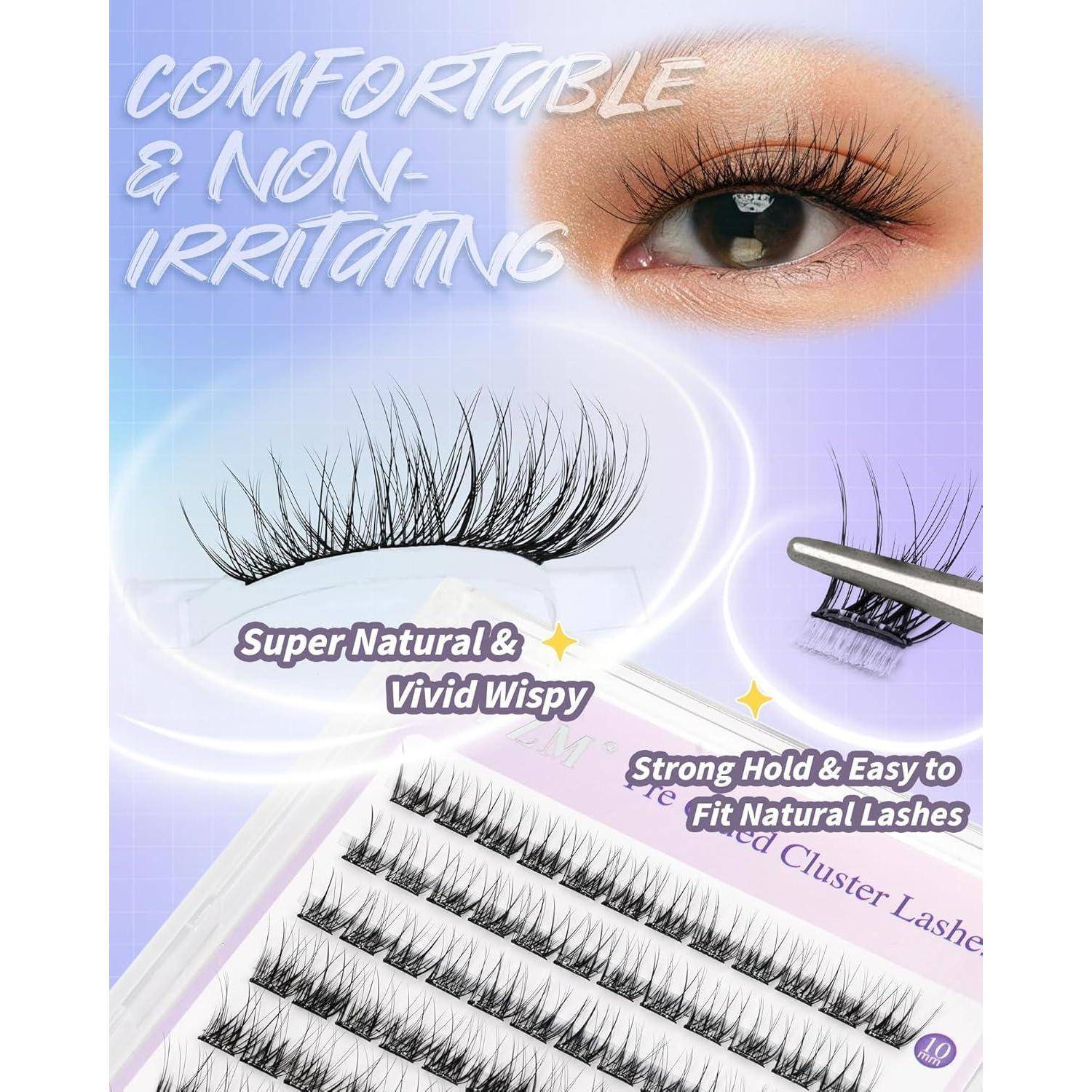 Anzeige für künstliche Wimpern, die ein Auge und Wimpernverlängerungen zeigt, mit dem Text „Bequem & nicht reizend