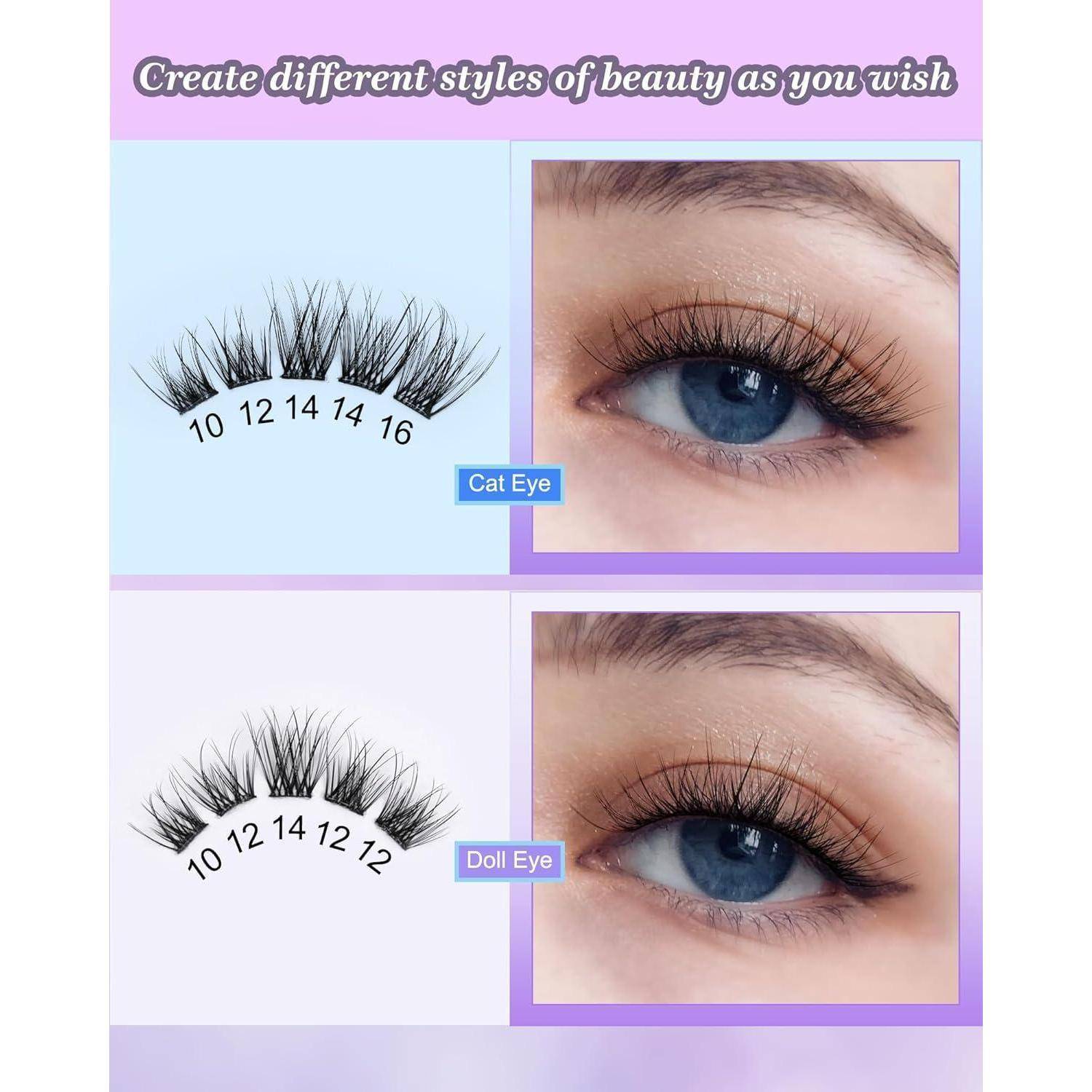 Werbegrafik mit zwei falschen Wimpernstilen auf dem Auge einer Frau: „Cat Eye