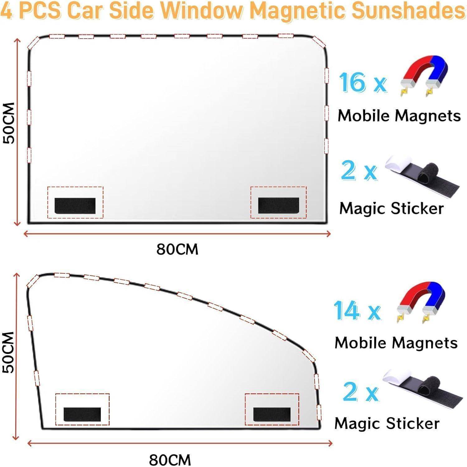 Infografik mit 4 Stück Kfz-Seitenfenster-Magnetsonnenblenden mit zwei Fensterformen in der Größe 80 cm mal 50 cm und mit enthaltenen Magneten und Magic Stickern.