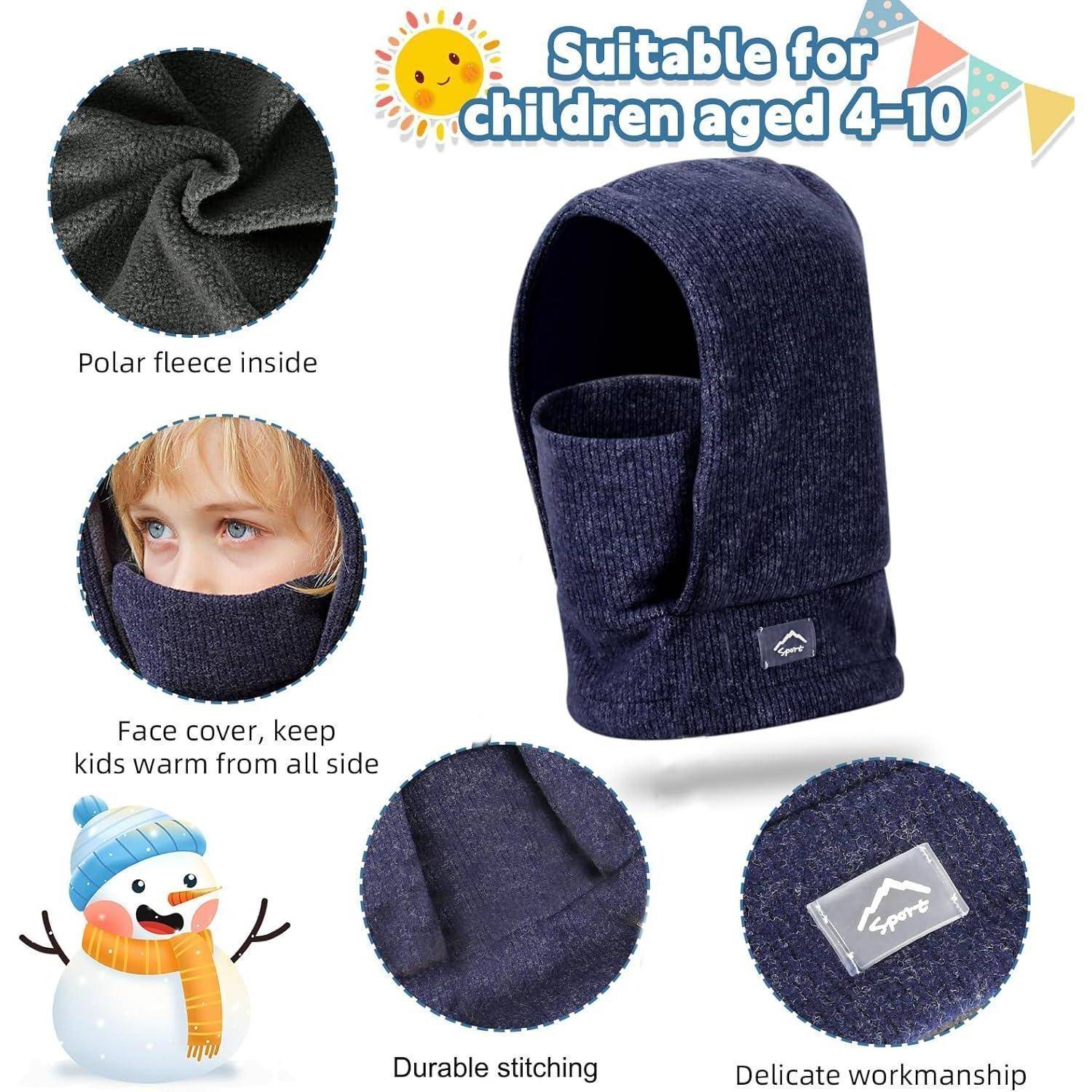 Produktbild einer marineblauen Kinder-Sturmhaube mit Gesichtsöffnung, gekennzeichnet für Kinder im Alter von 4-10 Jahren; zeigt Fleece-Innenfutter, strapazierfähige Nähte und Wärmefunktionen.