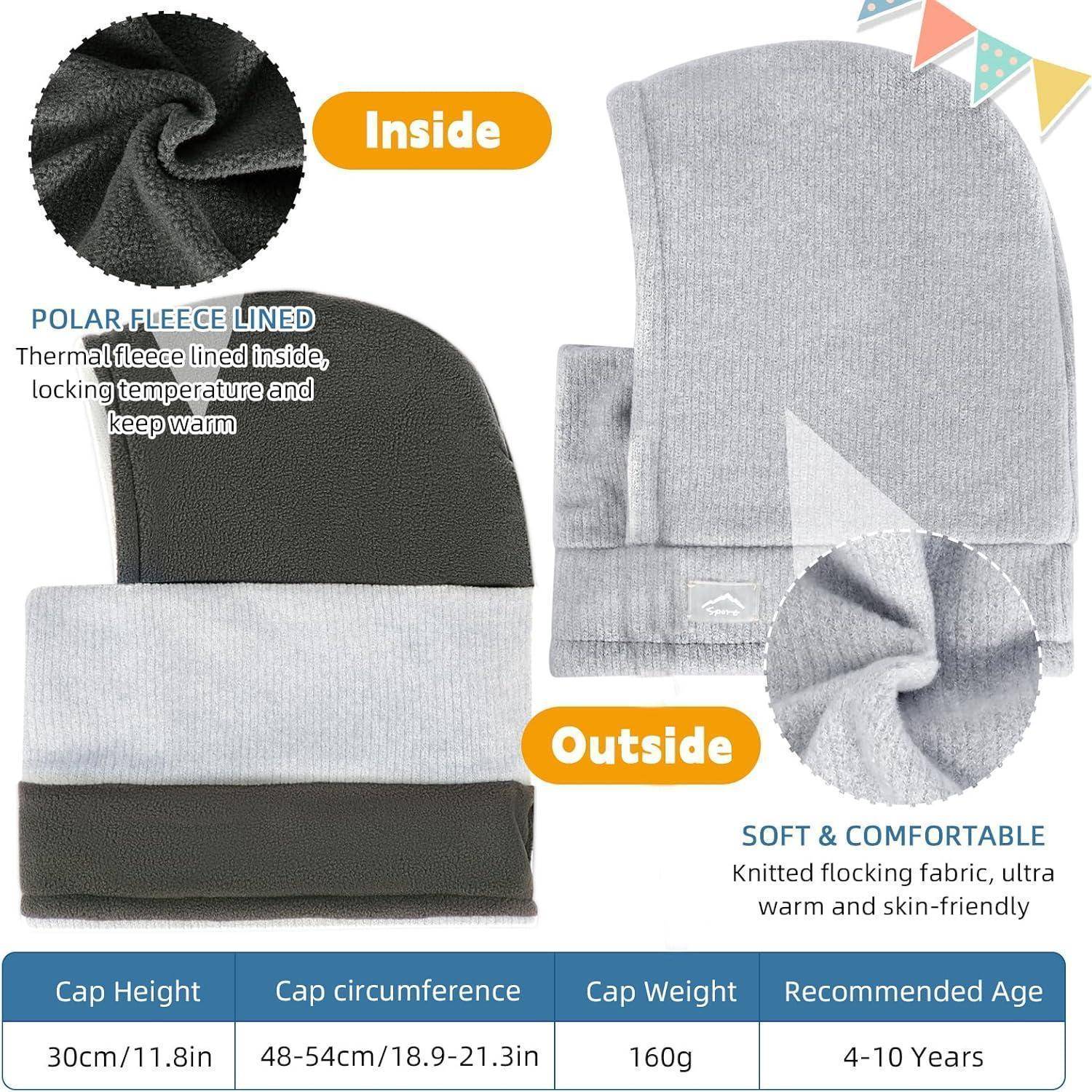 Produktbild einer Kinderstrickmütze mit innerer Polarfleece-Fütterung und außerem weichem Stoff, mit Größentabelle für Kinder im Alter von 4-10 Jahren.