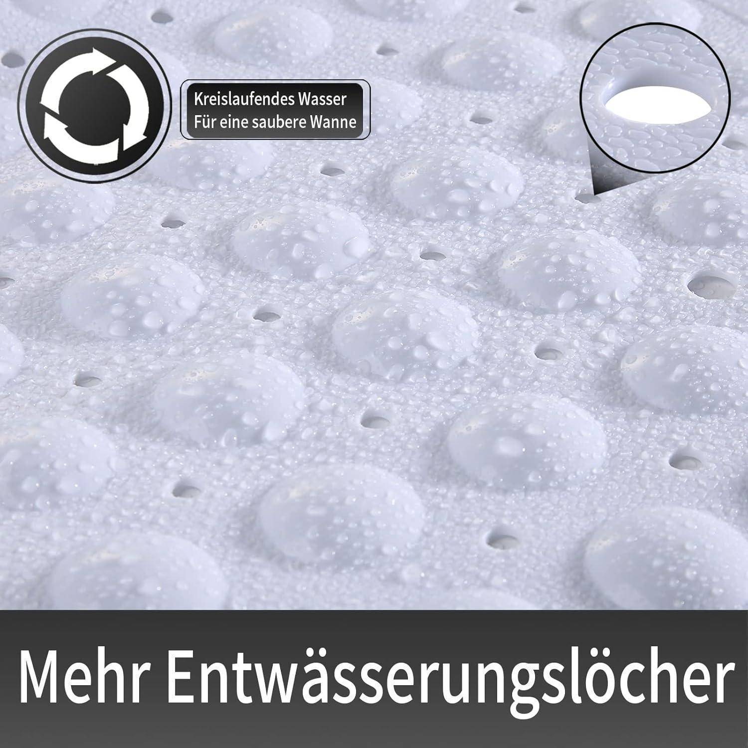 Promotional image of a textured shower mat with many drainage holes and German text 'More drainage holes' and 'Circulating water for a clean tub'.