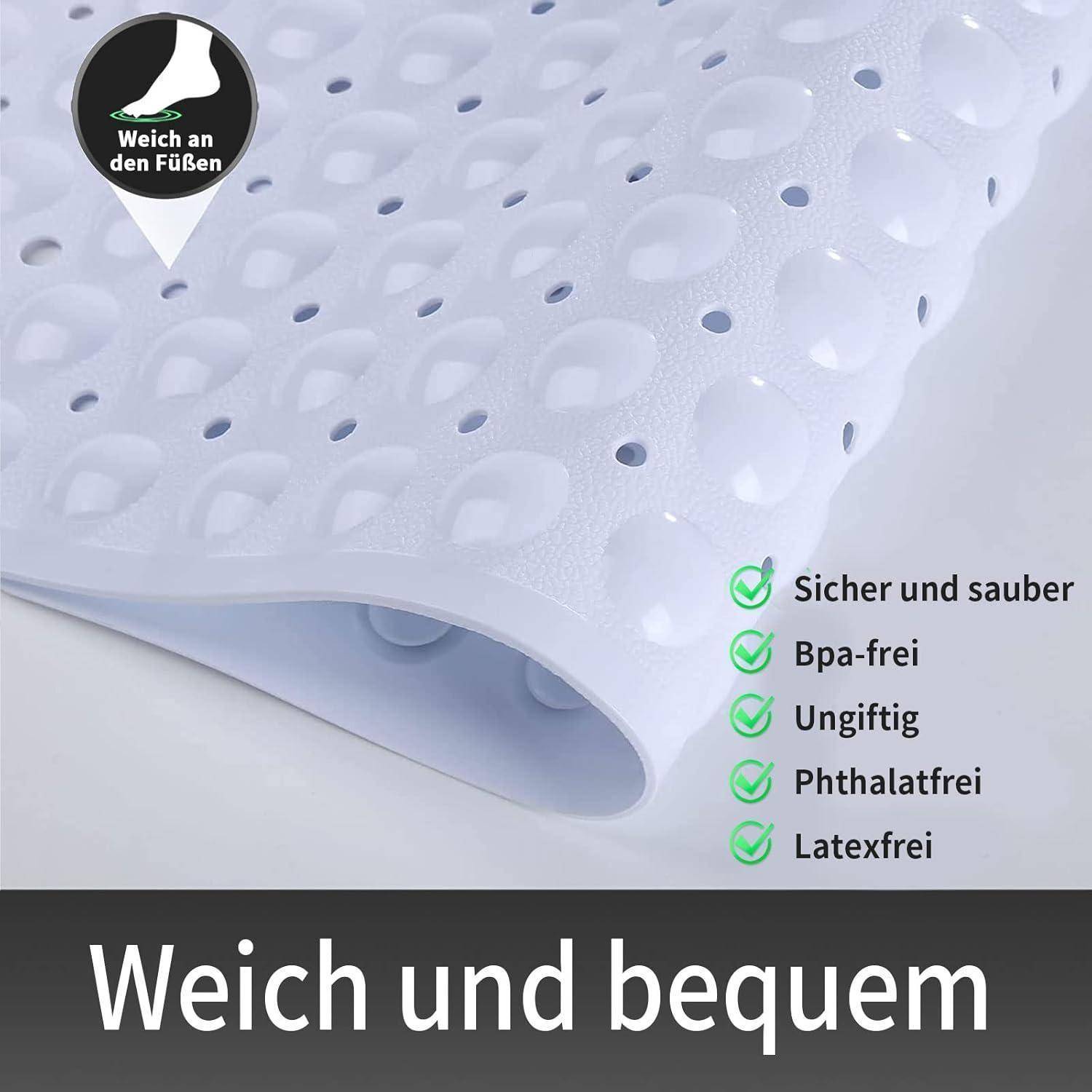Weiße strukturierte Schaumstoffmatte oder Teppich mit deutschem Text „Weich und bequem