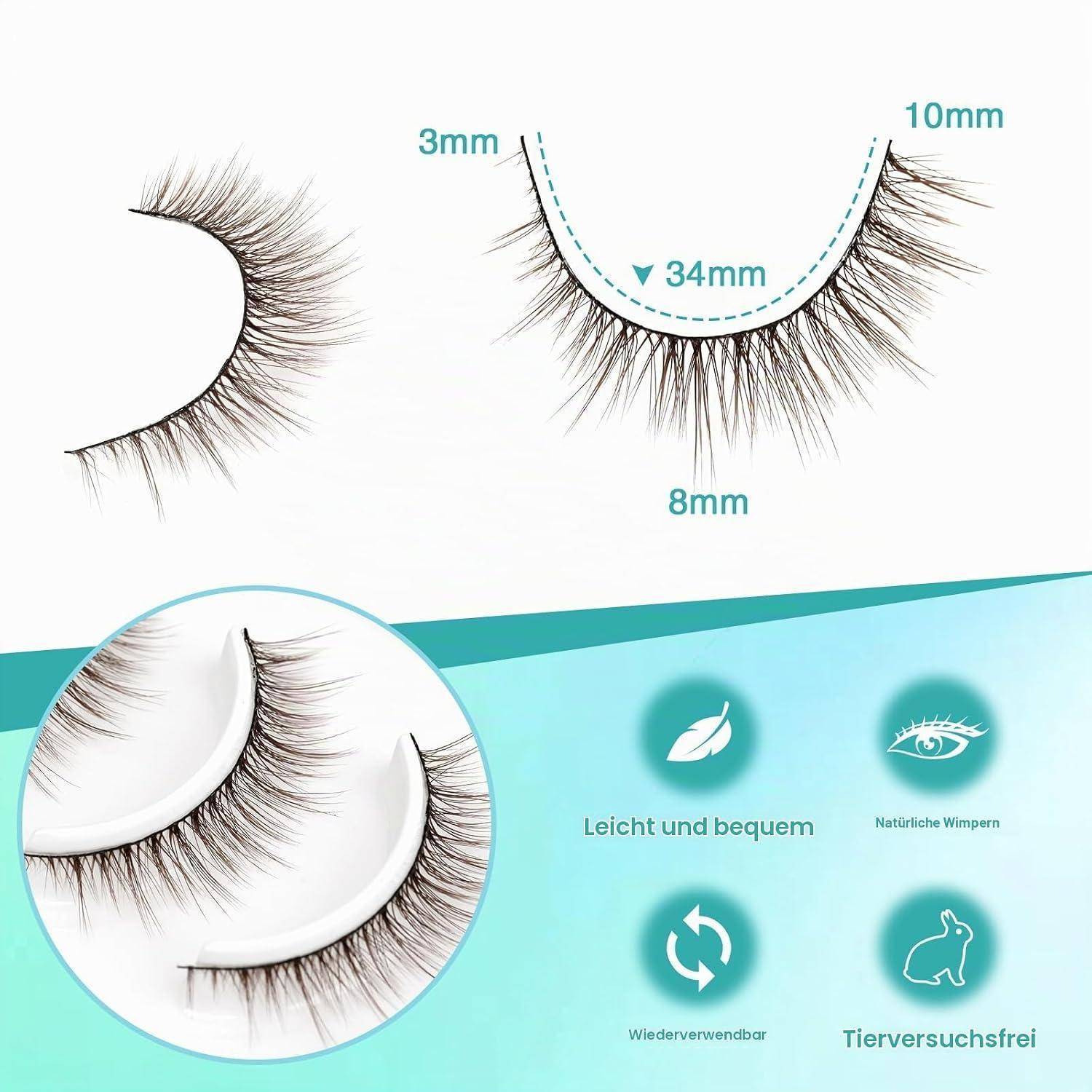 Werbegrafik für künstliche Wimpern mit Wimpernlängen von 3mm, 8mm und 10mm, Bandbreite von 34mm, sowie Symbole mit den Angaben „Leicht und bequem