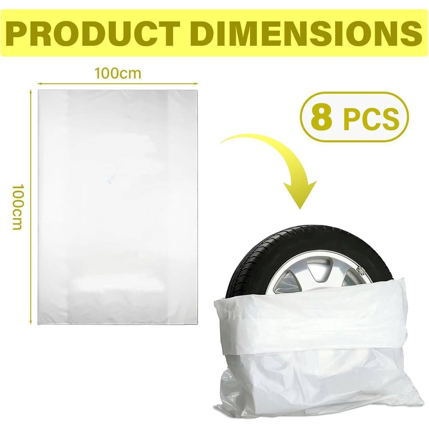 Produktdimensionengrafik, die eine 100 cm x 100 cm Tasche und ein 8-teiliges Set zeigt, wobei eine Tasche zum Abdecken eines Reifens verwendet wird.