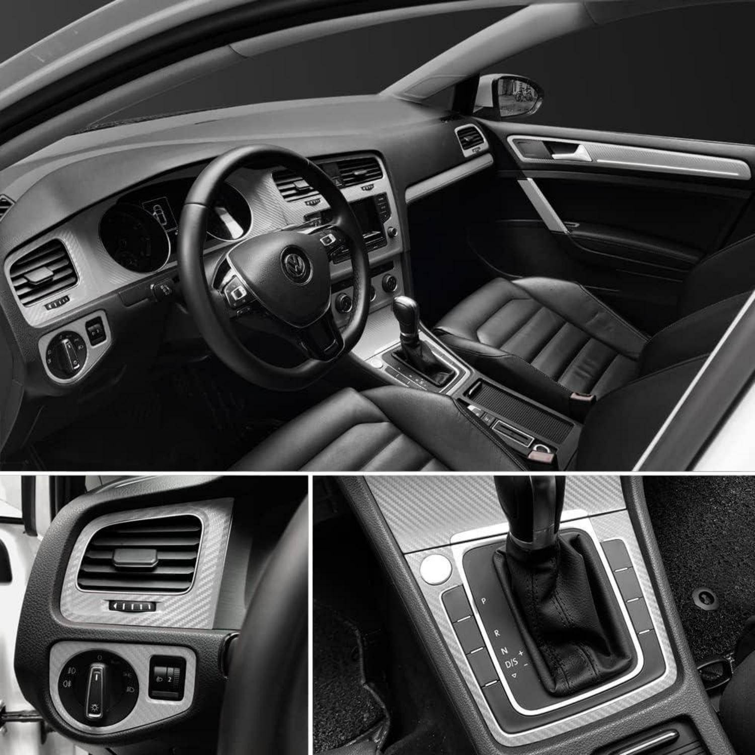 Volkswagen-Autoinnenraum in einer dreiteiligen Collage dargestellt: Fahrerkabine vorne, Bedienelemente des Fahrerseite-Armaturenbretts und automatischer Schalthebel auf der mittleren Mittelkonsole.