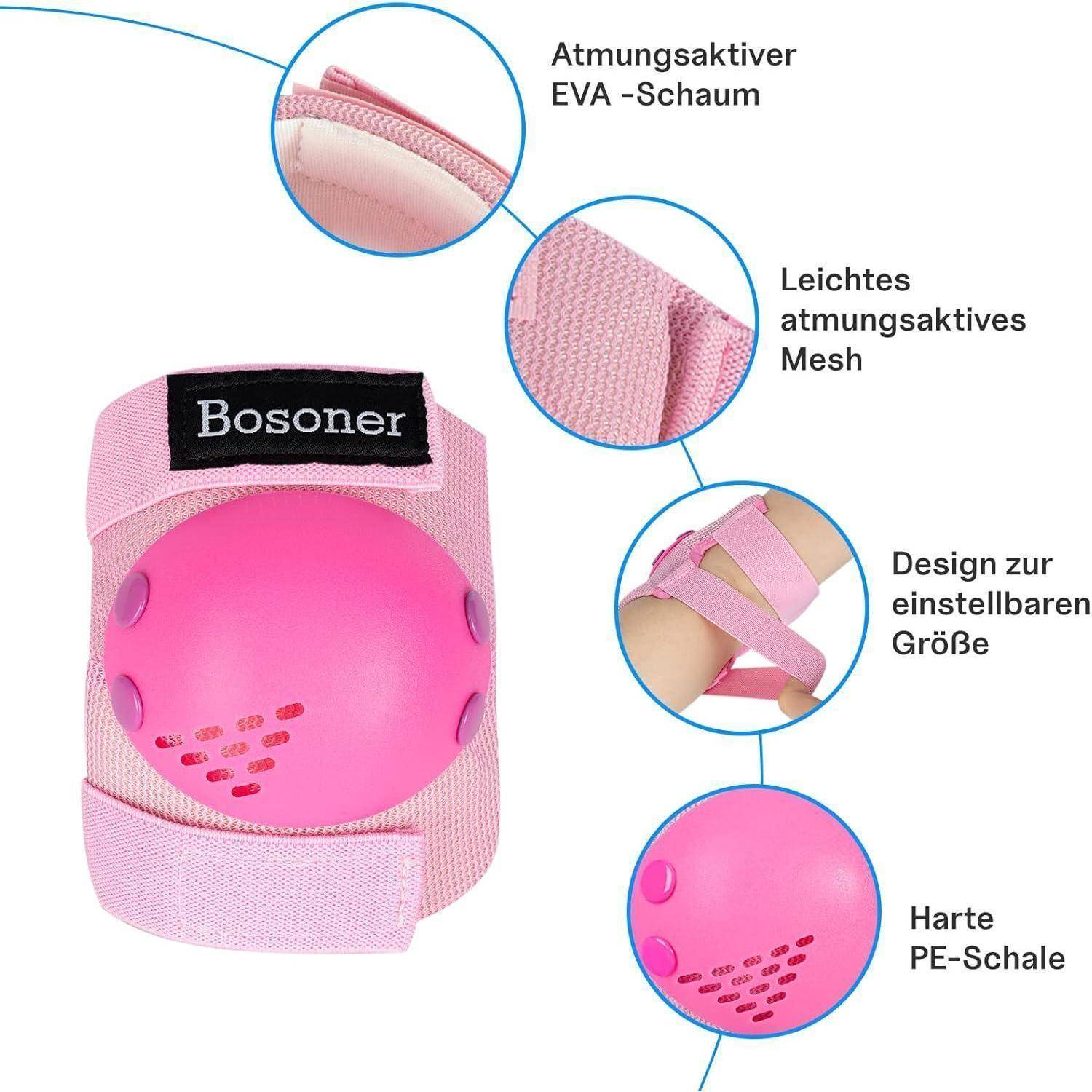 Rosa Bosoner Knieschützer mit verstellbaren Riemen, dargestellt mit Beschriftungen, die atmungsaktiven EVA-Schaumstoff, leichtes Mesh-Gewebe, harte PE-Schale und verstellbare Größe hervorheben.