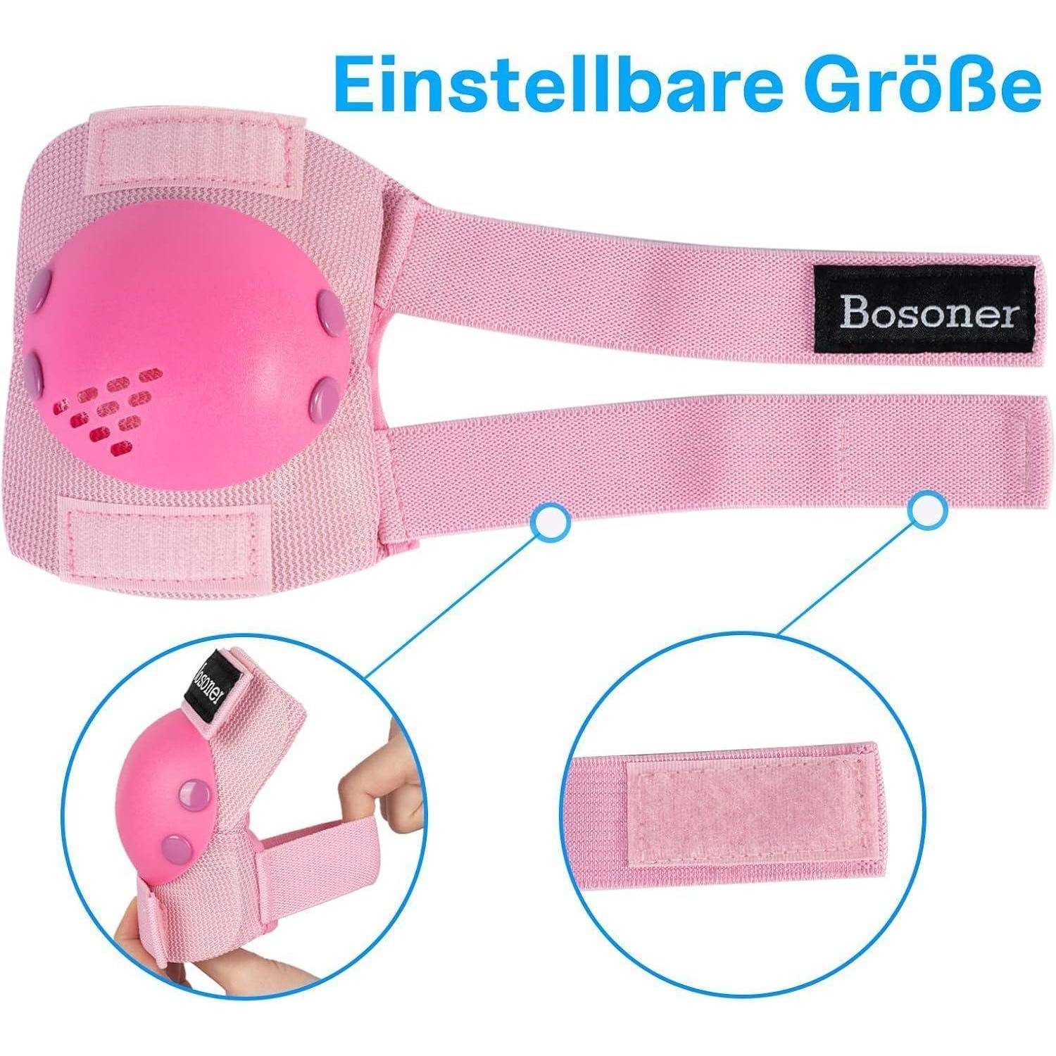 Rosa verstellbares Kniepolster mit harter Kunststoffkappe und Klettverschlussgurten, gekennzeichnet mit „Einstellbare Größe