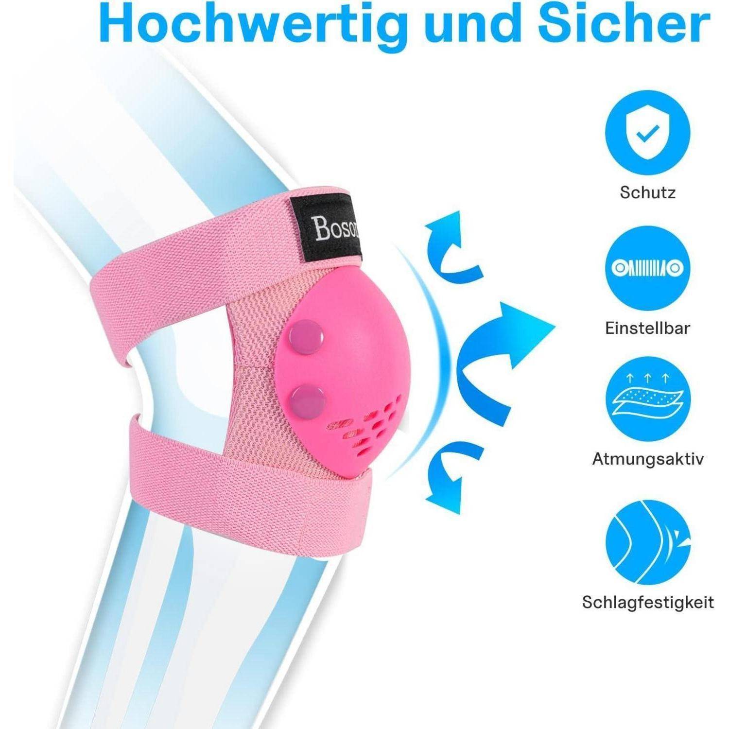 Rosa verstellbare Kniebandage mit Seitenpolster; deutscher Text hebt 
