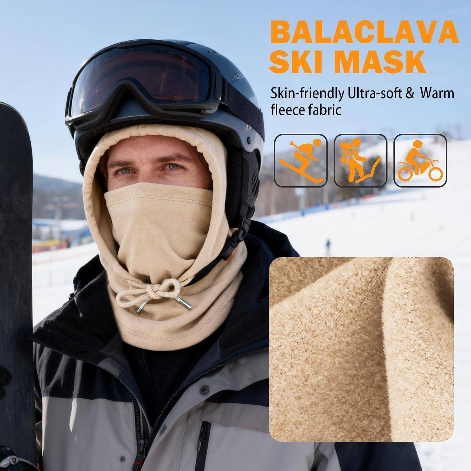 Mann mit beigefarbener Sturmmaske und Helm auf einem verschneiten Abhang; Text besagt „STURMMASKE SKI