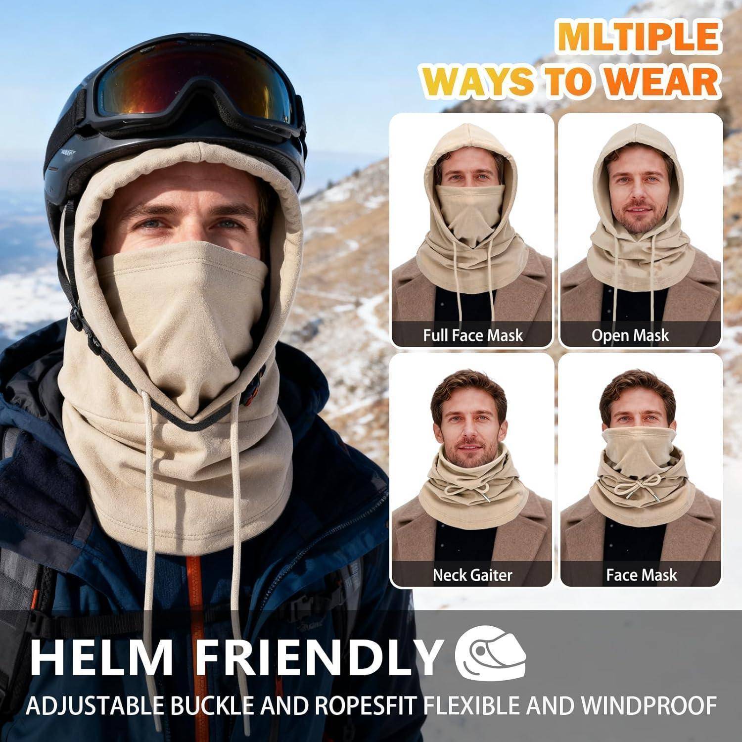 Werbebild einer helmfreundlichen beigen Gesichtsmaske, die von einem Mann im Freien getragen wird, mit Text, der vier Trageoptionen zeigt: Vollgesichtsmaske, offene Maske, Nackenhalstuch und Gesichtsmaske.
