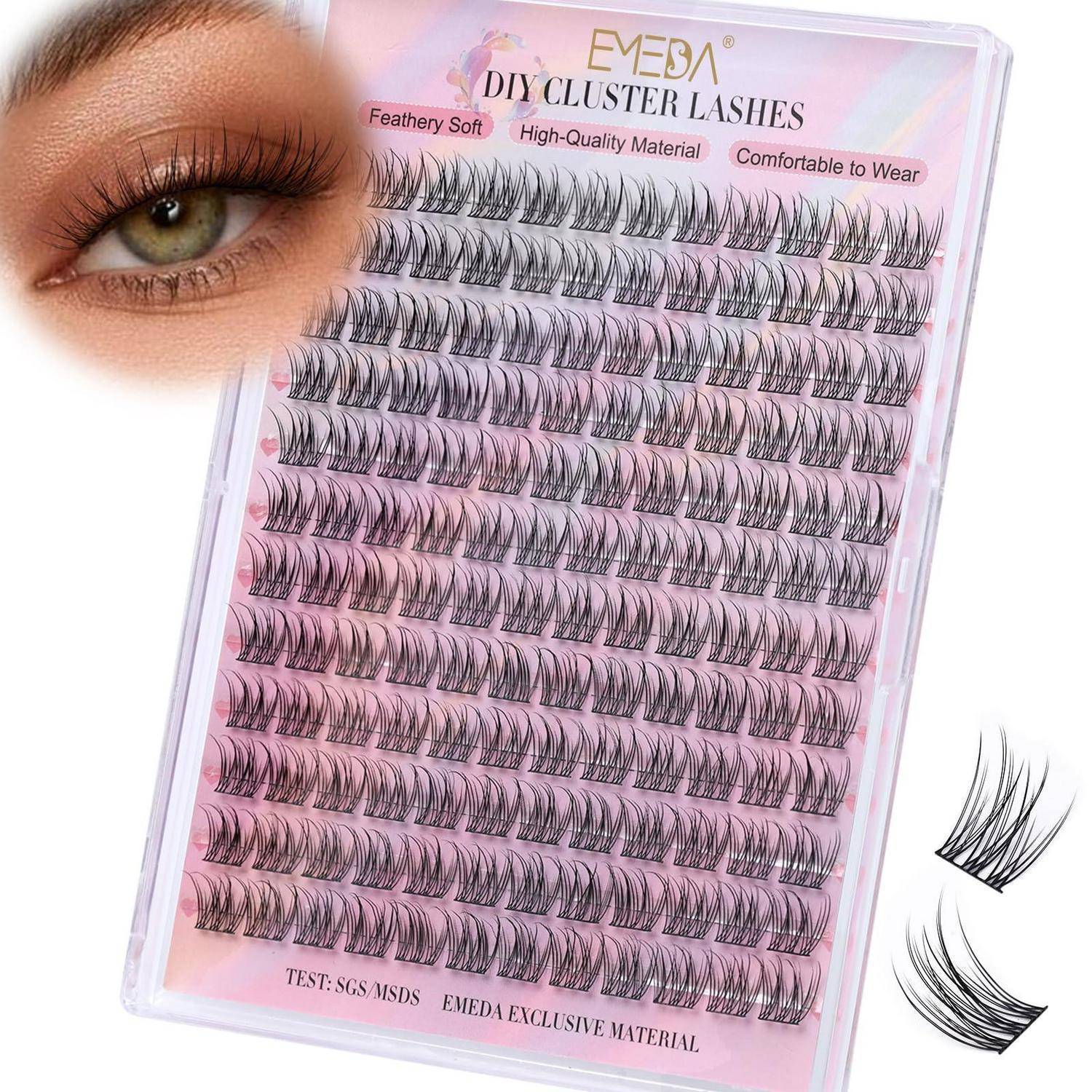 Packung von 'EMEDA DIY CLUSTER LASHES' mit vielen falschen Wimpernbündeln, gezeigt neben einer Nahaufnahme des Auges und Wimpernbeispielen.