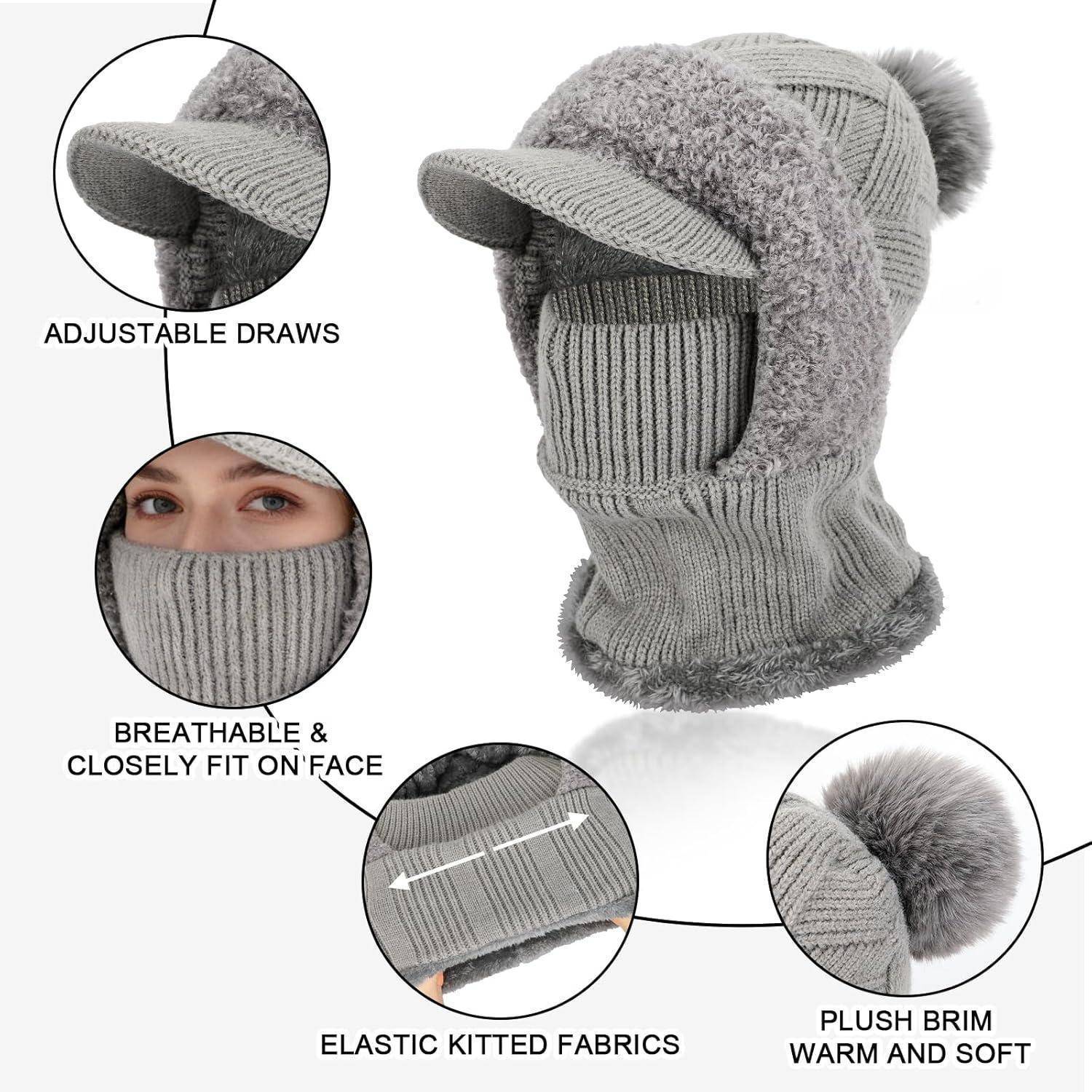 Produktbild einer grauen gestrickten Winter-Sturmhaube mit Pompon, zeigt verstellbare Zugverschlüsse, atmungsaktive enge Passform im Gesicht, elastisches Gewebe und weiches Futter am Rand
