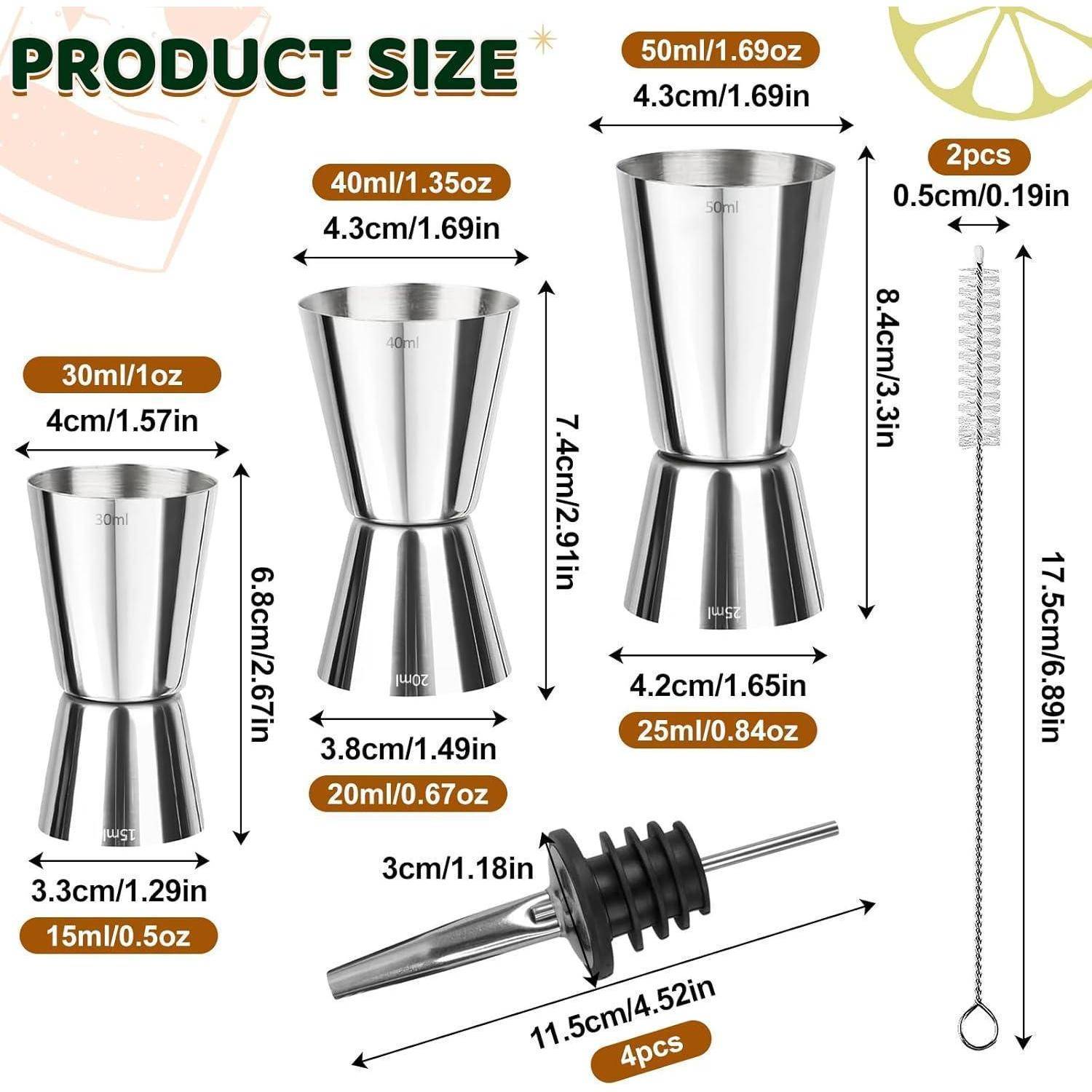 Produktgrößentabelle mit Edelstahl-Jigger-Maßen: 15ml, 20ml, 25ml, 30ml, 40ml, 50ml, plus eine 2er-Bürste und ein 4er-Ausgießer.