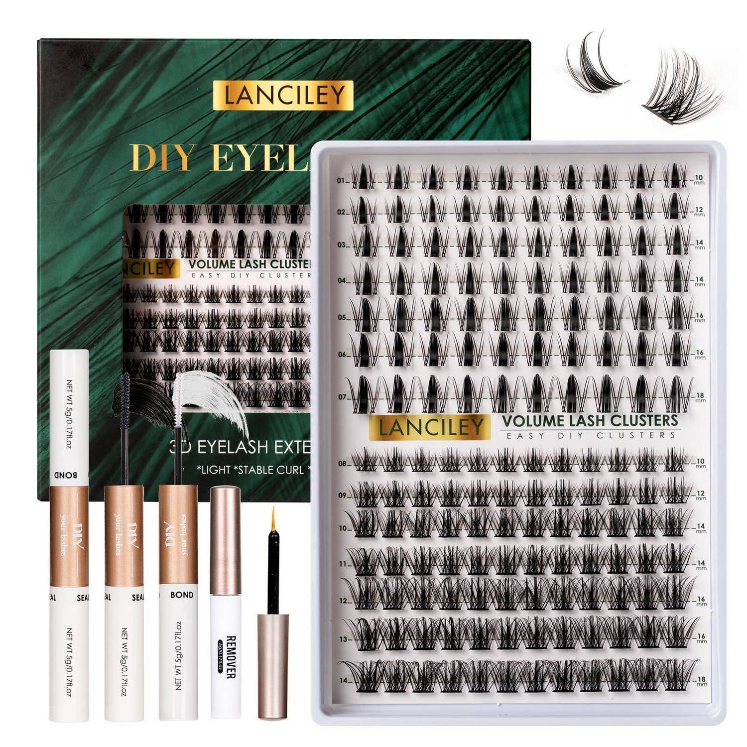 Werbebild eines LANCILEY DIY-Wimpernverlängerungs-Sets mit Wimpernbüschel-Tabletts, Klebstoff und Applikator-Werkzeugen.