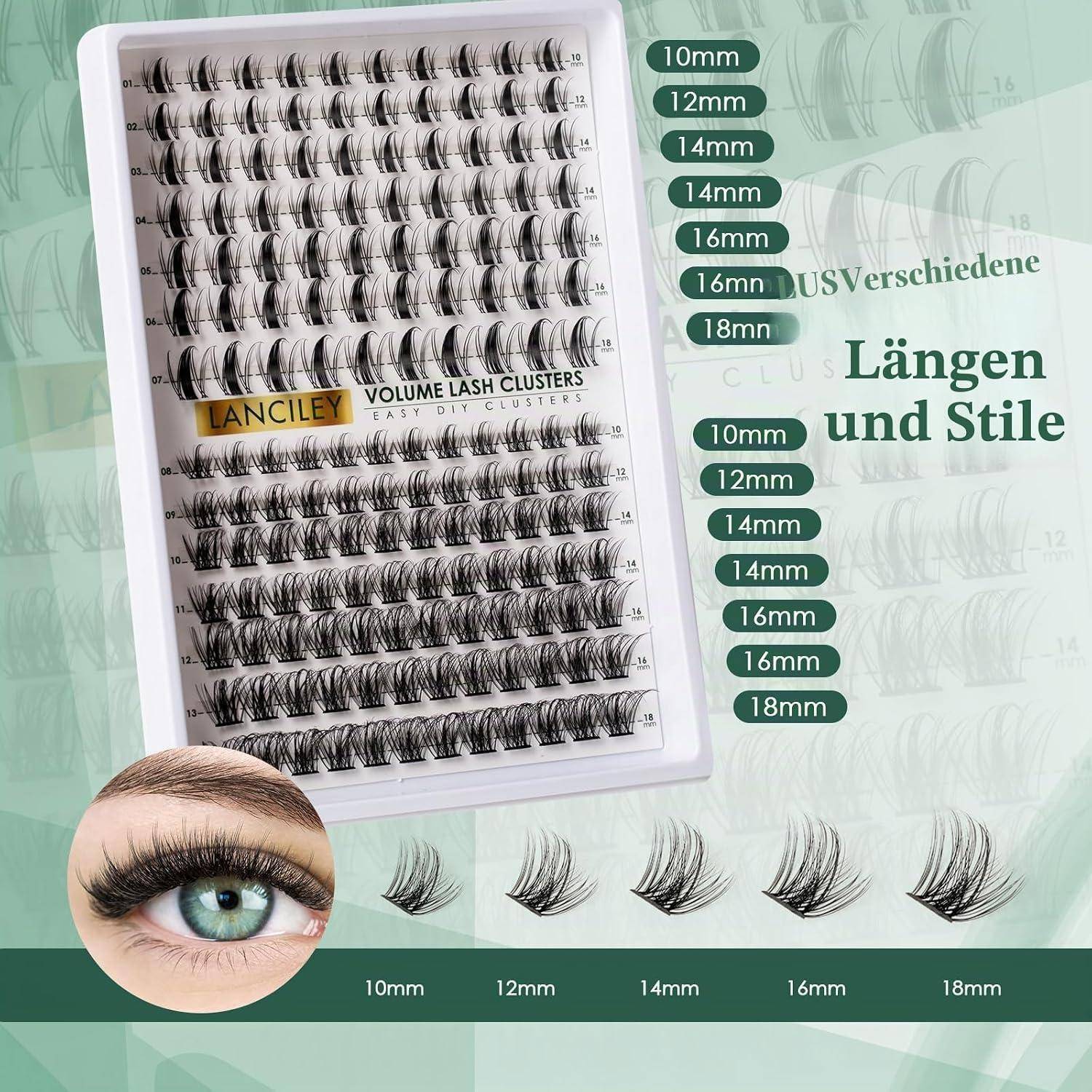 Promocionales Grafik von LANCELY Volume-Wimpernbüscheln, die verschiedene Lockenarten und Längen von 10 mm bis 18 mm zeigt, mit deutschem Text „verschiedene Längen und Stile