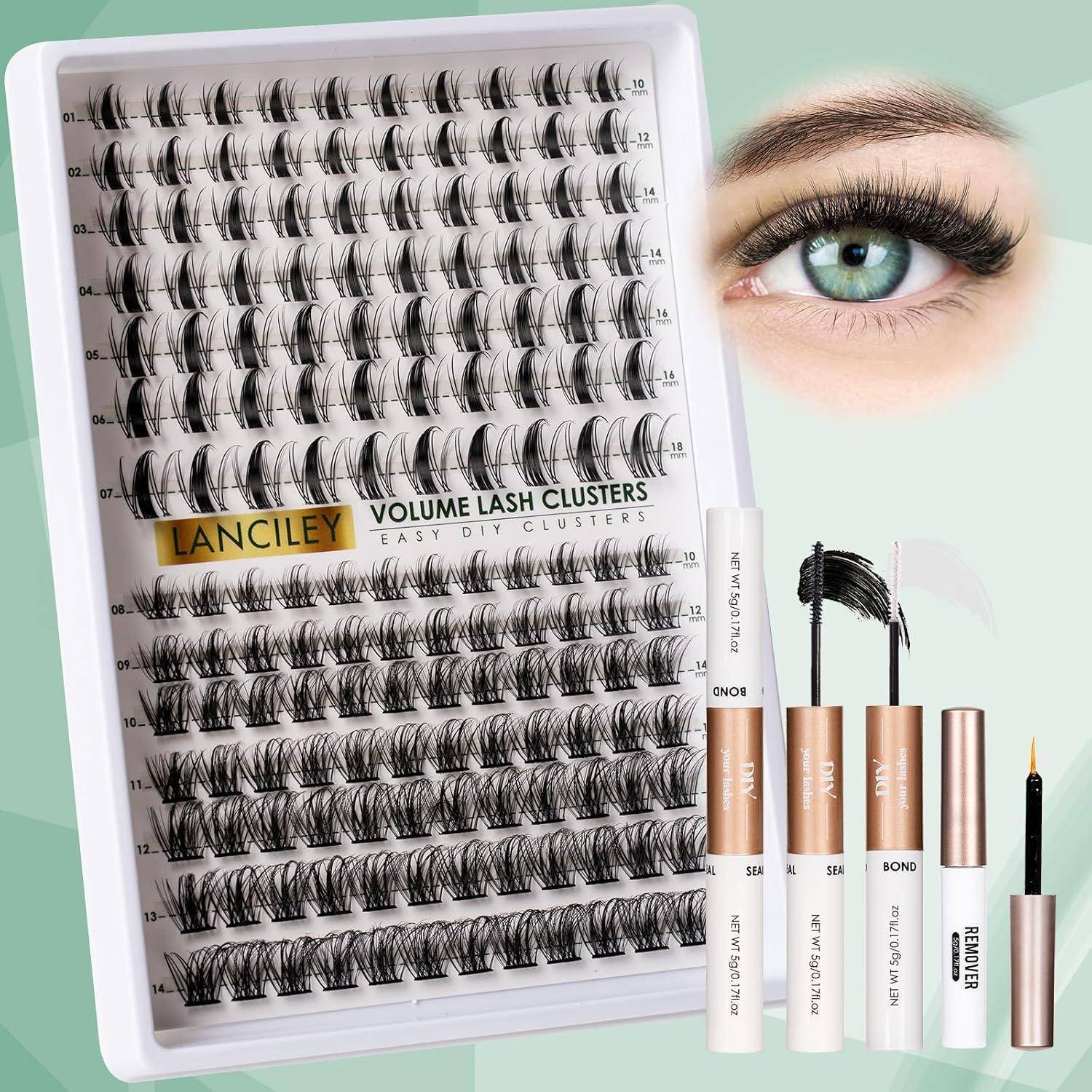 LANCILEY Volumen-Wimpernbüschel-Set mit Tablett voller falscher Wimpern, Klebstofftuben, Applikator und ein Auge mit langen Wimpernverlängerungen.
