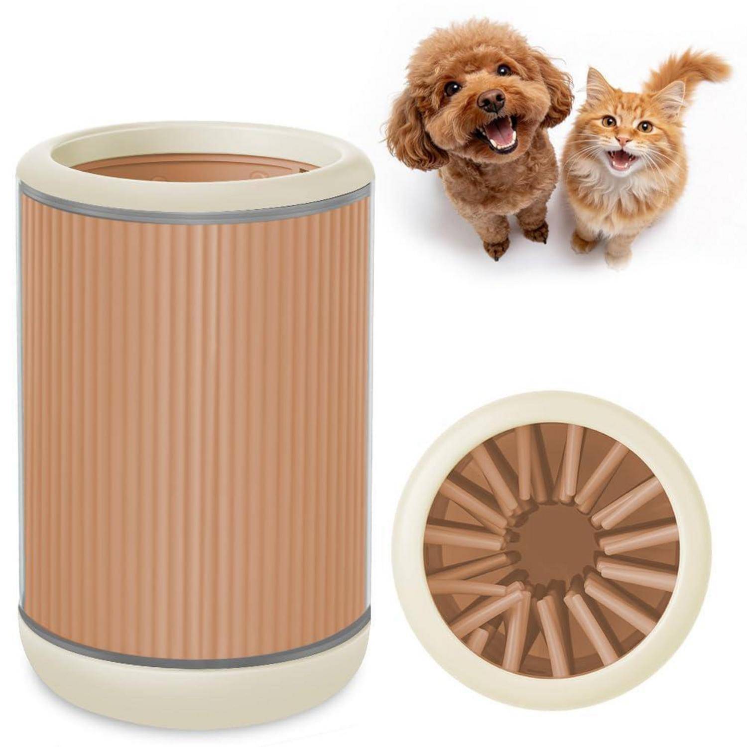 Filterpattrone für Tierhaar mit Hund und Katze gezeigt, plus eine Draufsicht auf den gefalteten Zylinderfilter.