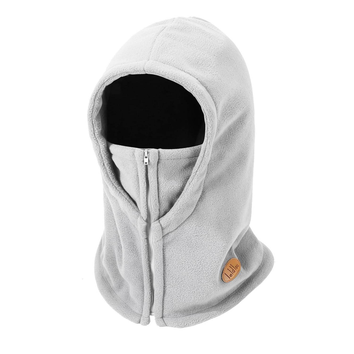Hellgrauer Fleece-Sturmhaube mit vollständiger Gesichtsöffnung und Frontreißverschluss, abgebildet auf weißem Hintergrund.
