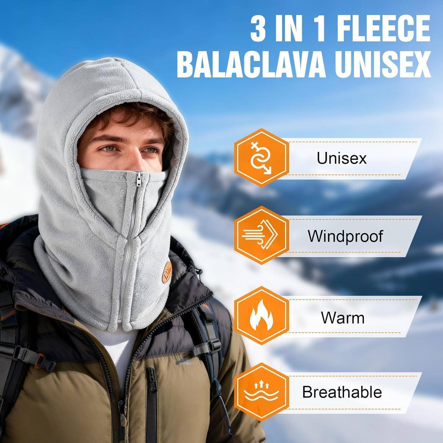 Mann, der in schneebedeckten Bergen einen grauen 3-in-1-Fleece-Balaclava trägt, mit Text, der ihn als „Unisex