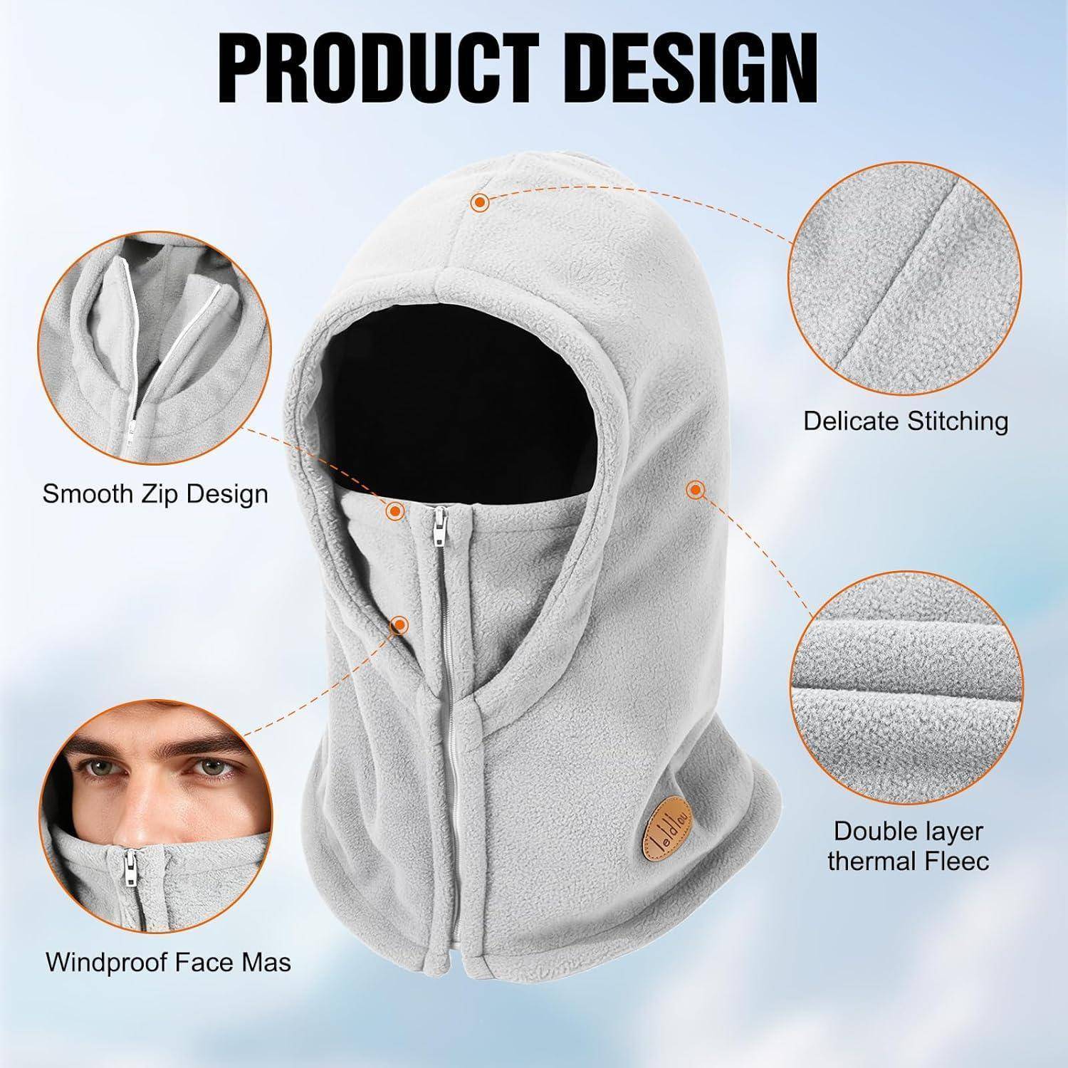 Produktdesign-Grafik einer grauen Gesichtsmaske mit Kapuze und Reißverschluss, die ein glattes Reißverschlussdesign, feine Steppnähte und doppellagiges thermisches Fleece zeigt; gekennzeichnet als windundurchlässige Gesichtsmaske.