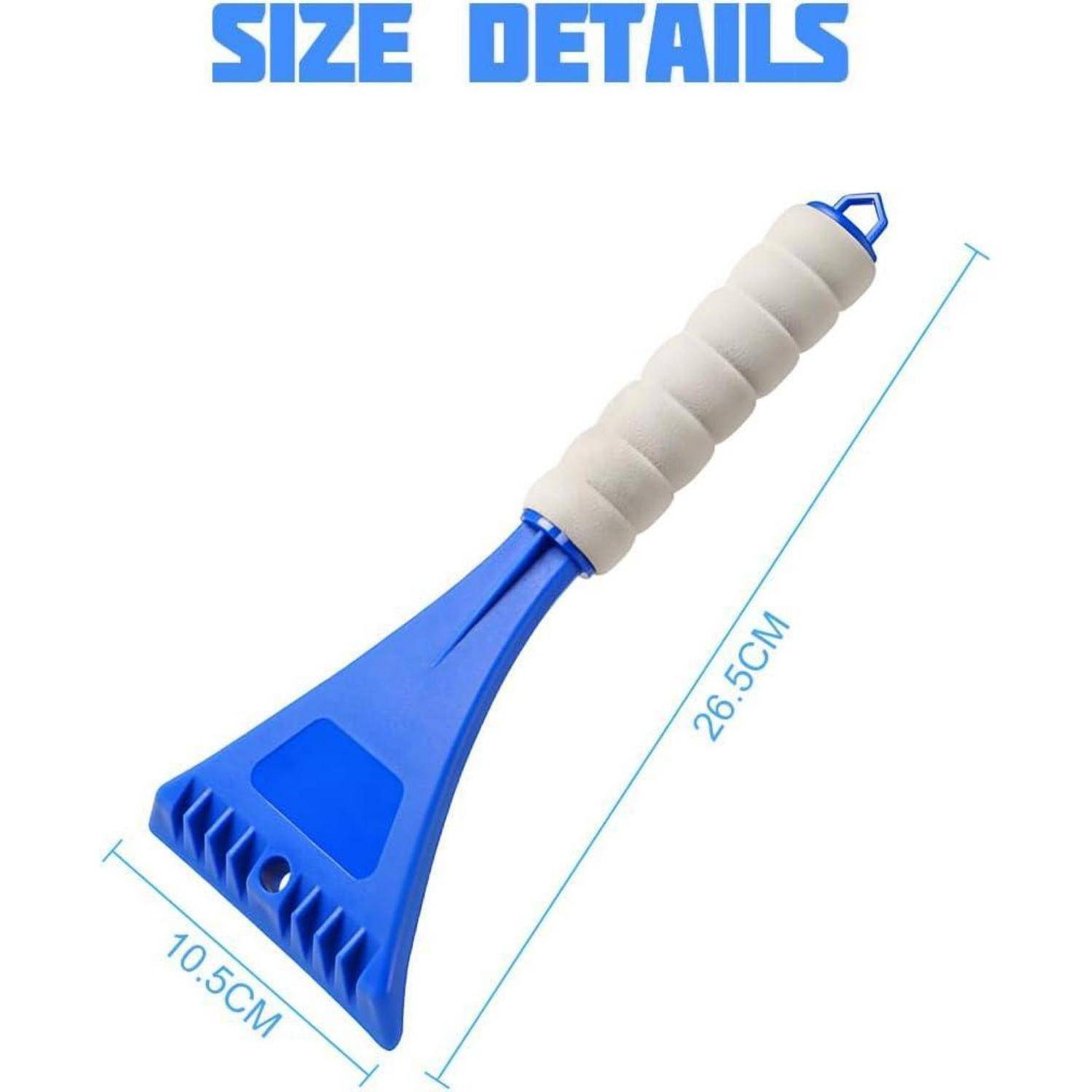 Größendetail-Diagramm eines blaugrauen tragbaren Sckabers mit einer Gesamtlänge von 26,5 cm und einer Kopfbreite von 10,5 cm.