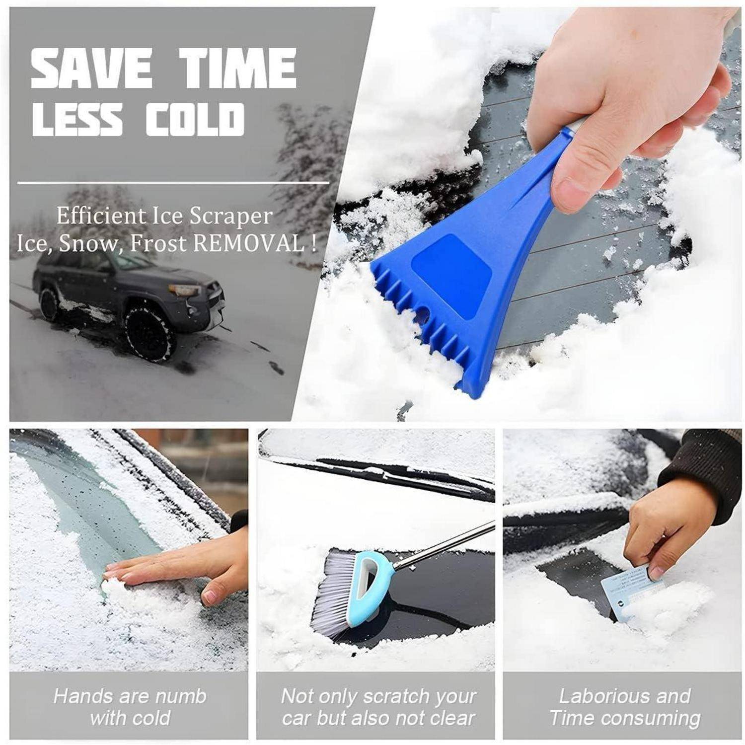 Werbebild für einen Eiskratzer, das eine Hand zeigt, die einen blauen Kratzer verwendet, um Schnee und Eis von einer Autoscheibe zu entfernen, mit Text, der schnellere und einfachere Reifentfernung bewirbt.