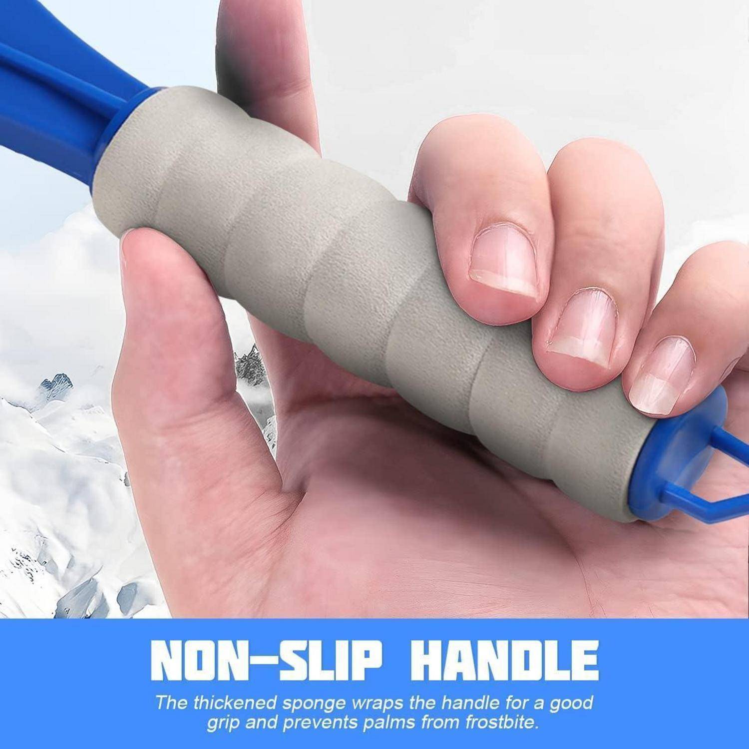 Hand umfasst einen blauen Griff, der in dicken grauen Schaum gewickelt ist, mit dem Text „NON-SLIP HANDLE"; Die Beschriftung besagt, dass die Schwammumwicklung ein Verrutschen verhindert und die Handflächen vor Erfrierungen schützt.