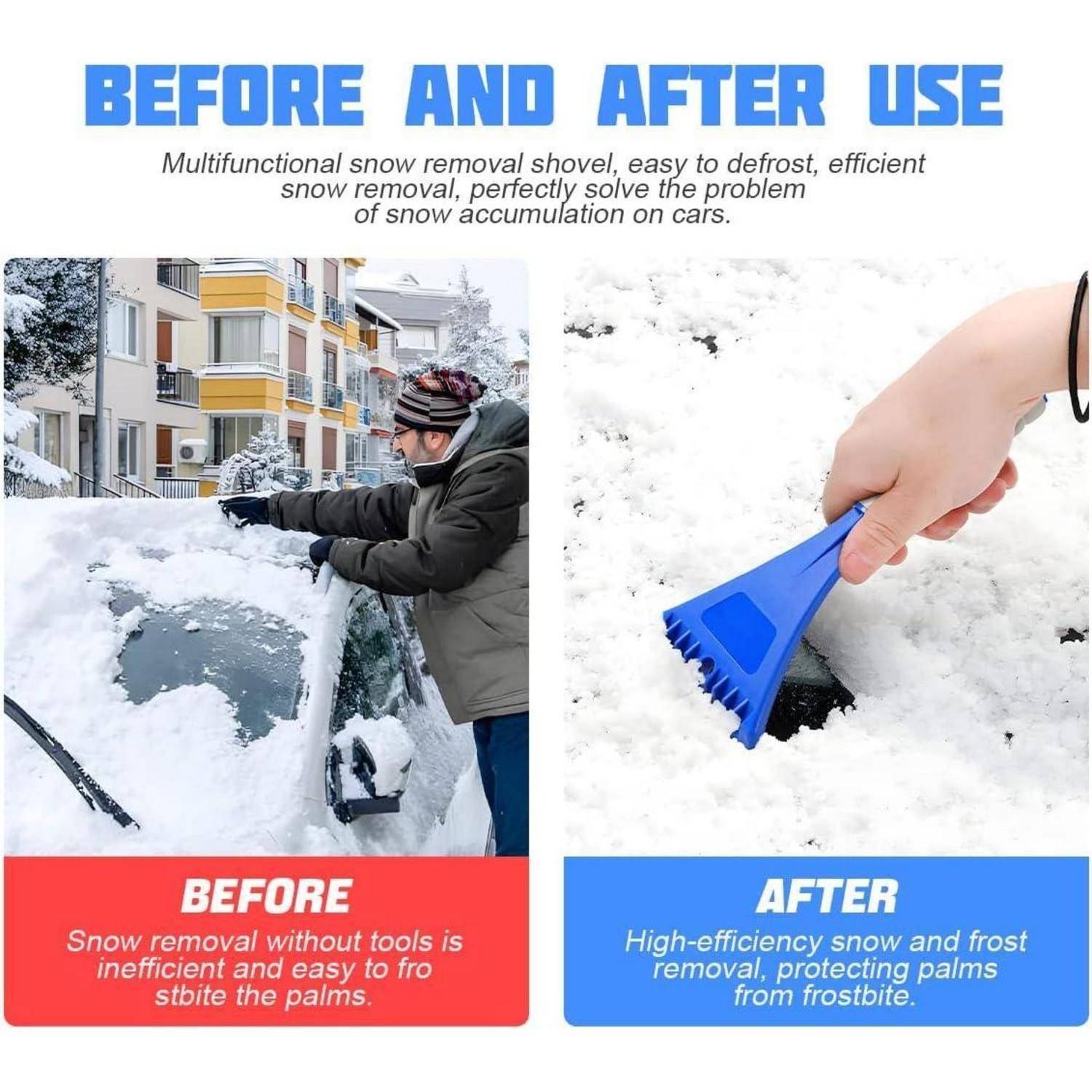 Vorher-und-Nachher-Anzeige für eine Multifunktions-Schneeschaufel: Vorher räumt eine Person schweren Schnee von Hand von einem Auto; nachher entfernt eine blaue Eiskratzer Schnee und Frost mühelos.