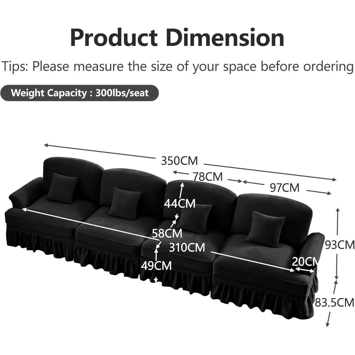 Produktdimensionsdiagramm eines schwarzen Viersitzer-Sofas, beschriftet mit 350 cm Länge, 93 cm Höhe, mit Sitzbreiten von 78 cm und 97 cm sowie weiteren Maßen; Gewichtstraglast 300 lbs/Sitz.